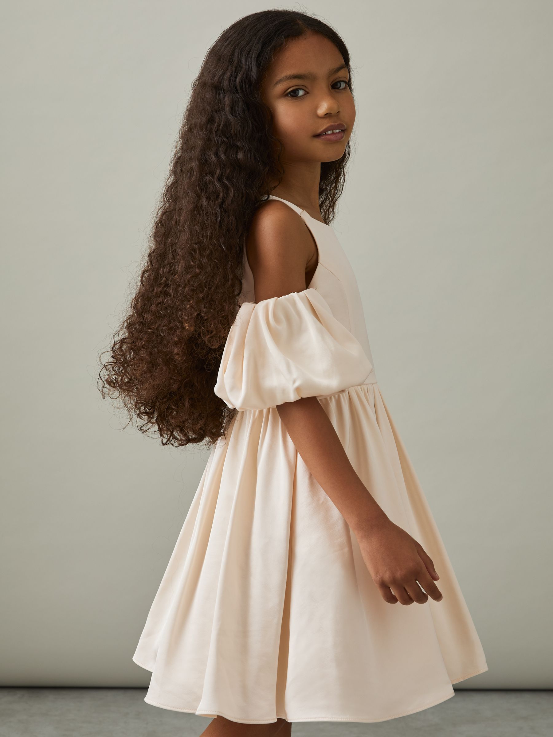 13-14 yrs Sateen Puff-Sleeve Bridesmaid Dress in Ivory - Image 3 of 5