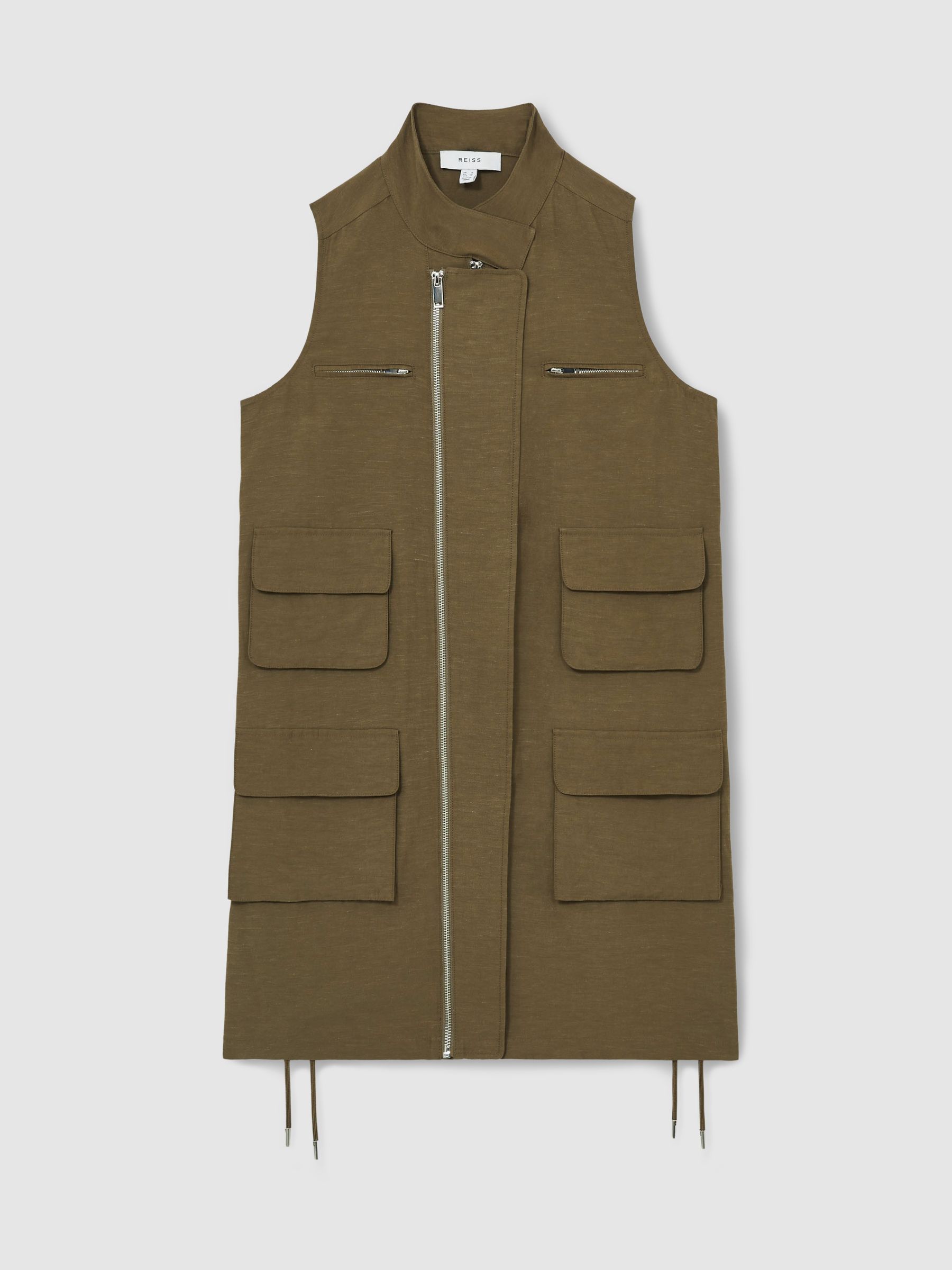 Utility Zip-Through Mini Dress With Linen in Khaki - Image 2 of 9