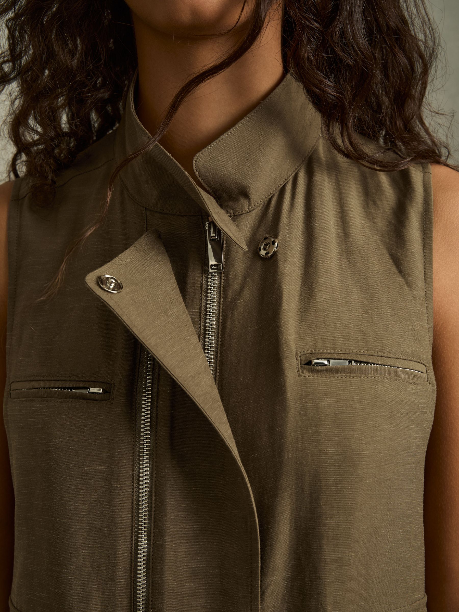 Utility Zip-Through Mini Dress With Linen in Khaki - Image 5 of 9