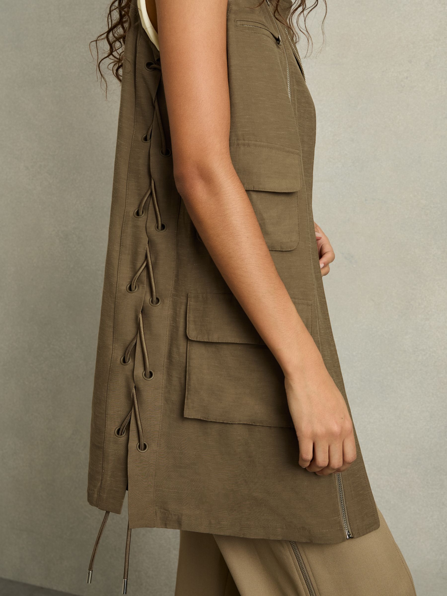 Utility Zip-Through Mini Dress With Linen in Khaki - Image 7 of 9