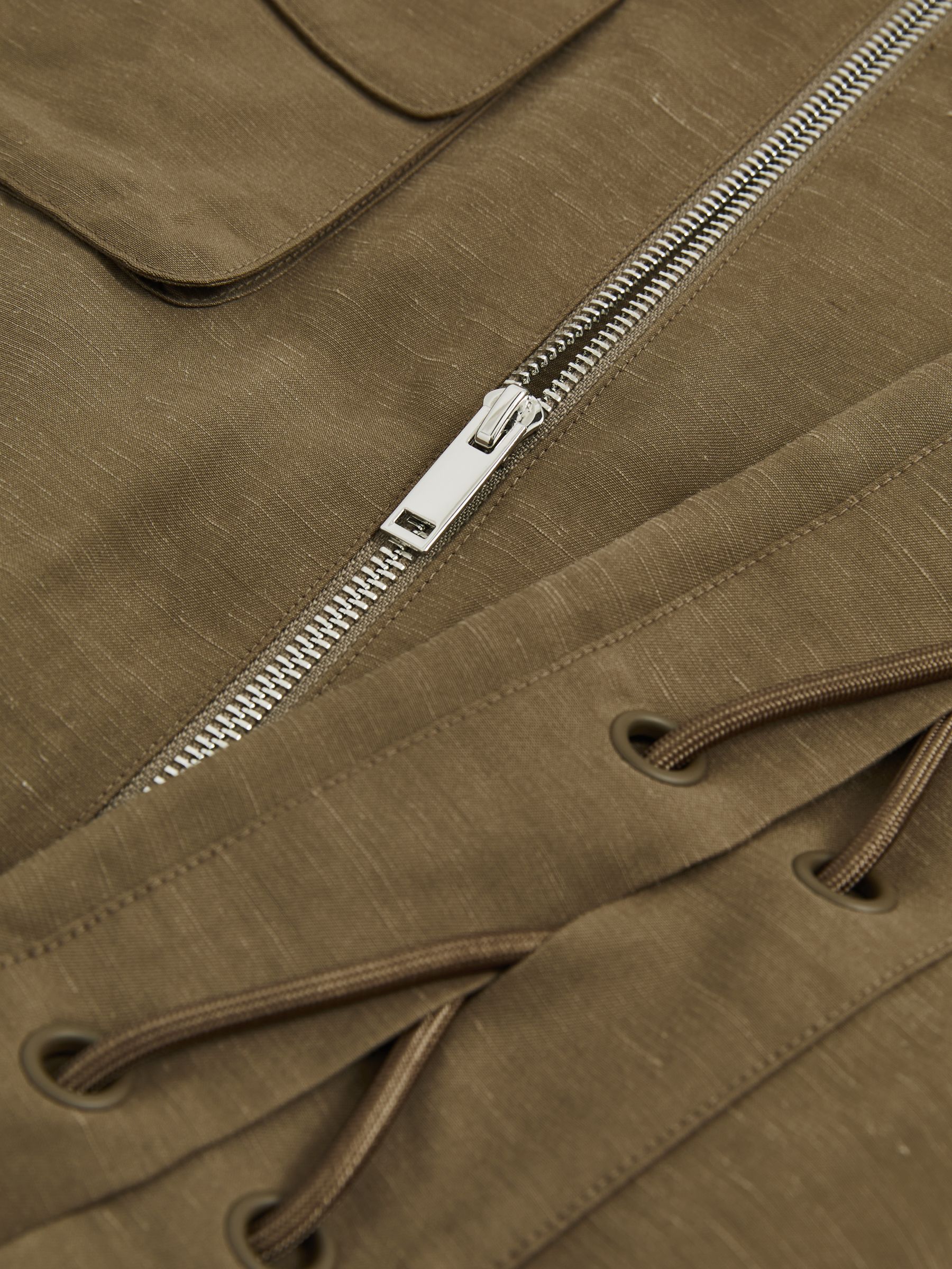 Utility Zip-Through Mini Dress With Linen in Khaki - Image 9 of 9