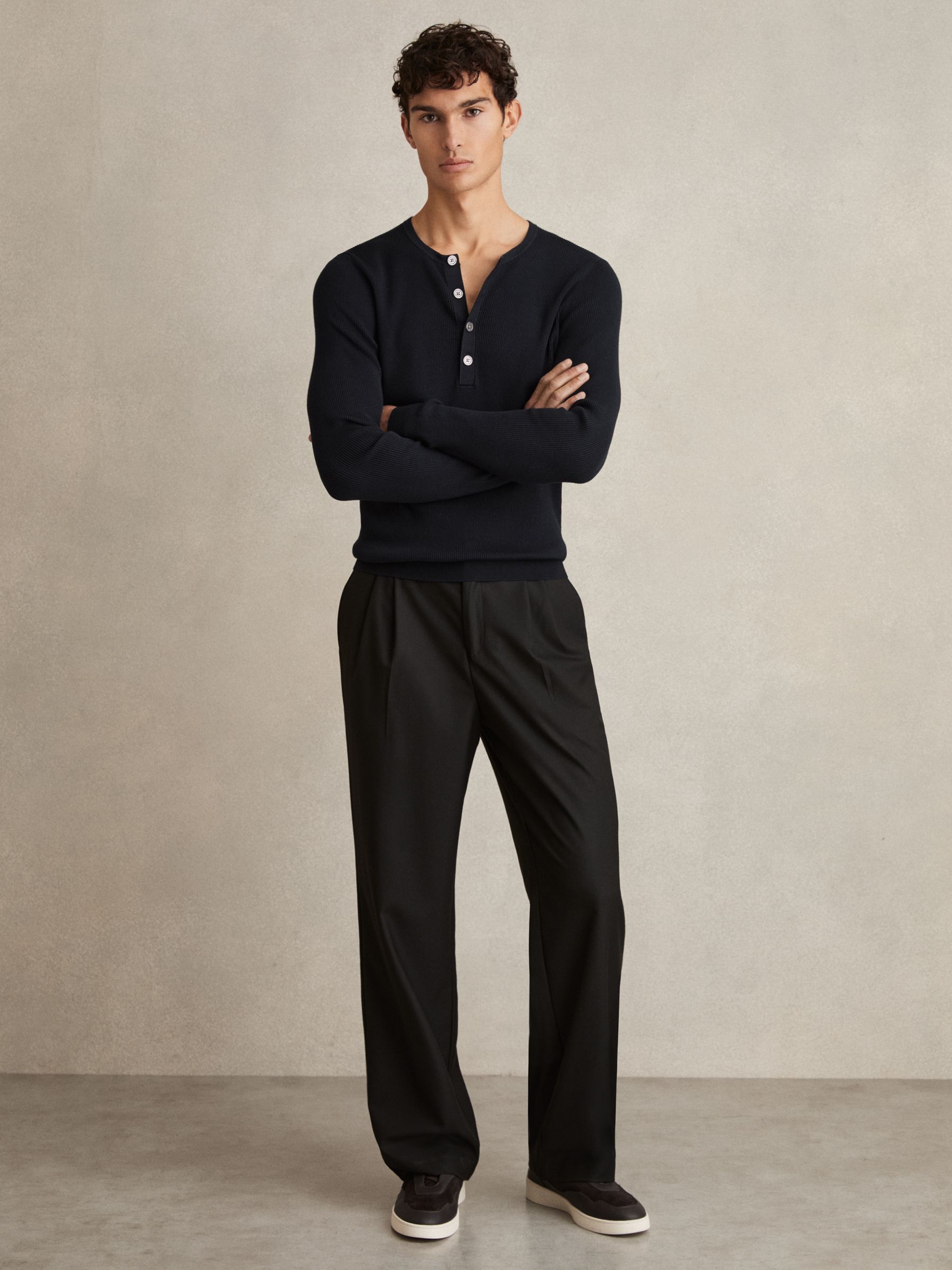 Rib Knit Henley Jumper in Navy - Image 3 of 6