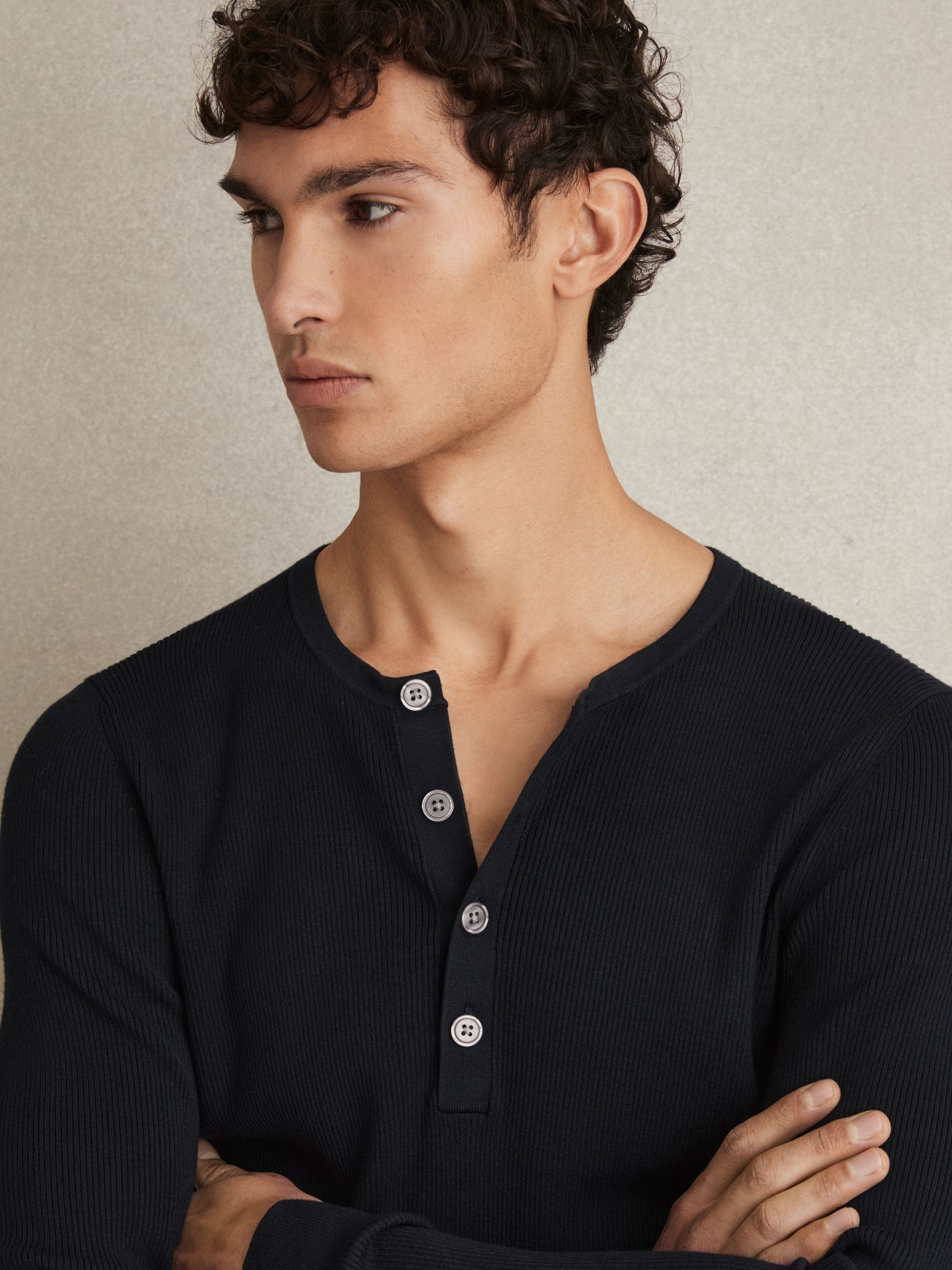 Rib Knit Henley Jumper in Navy - Image 4 of 6