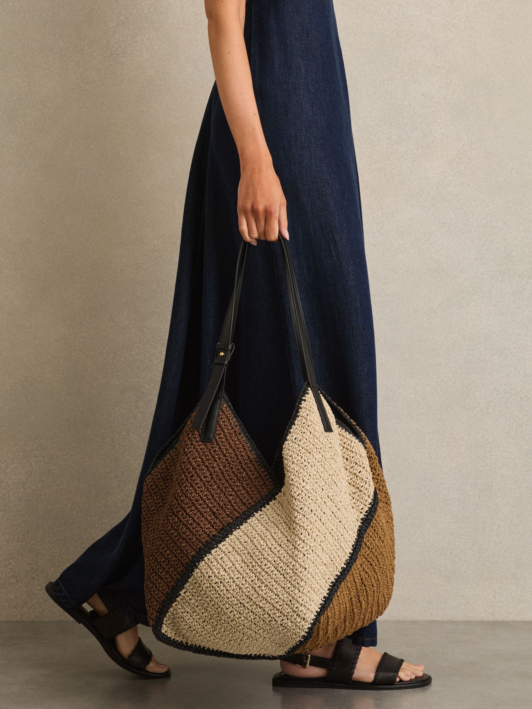 Raffia Colour-Block Tote Bag in Tan - Image 2 of 5