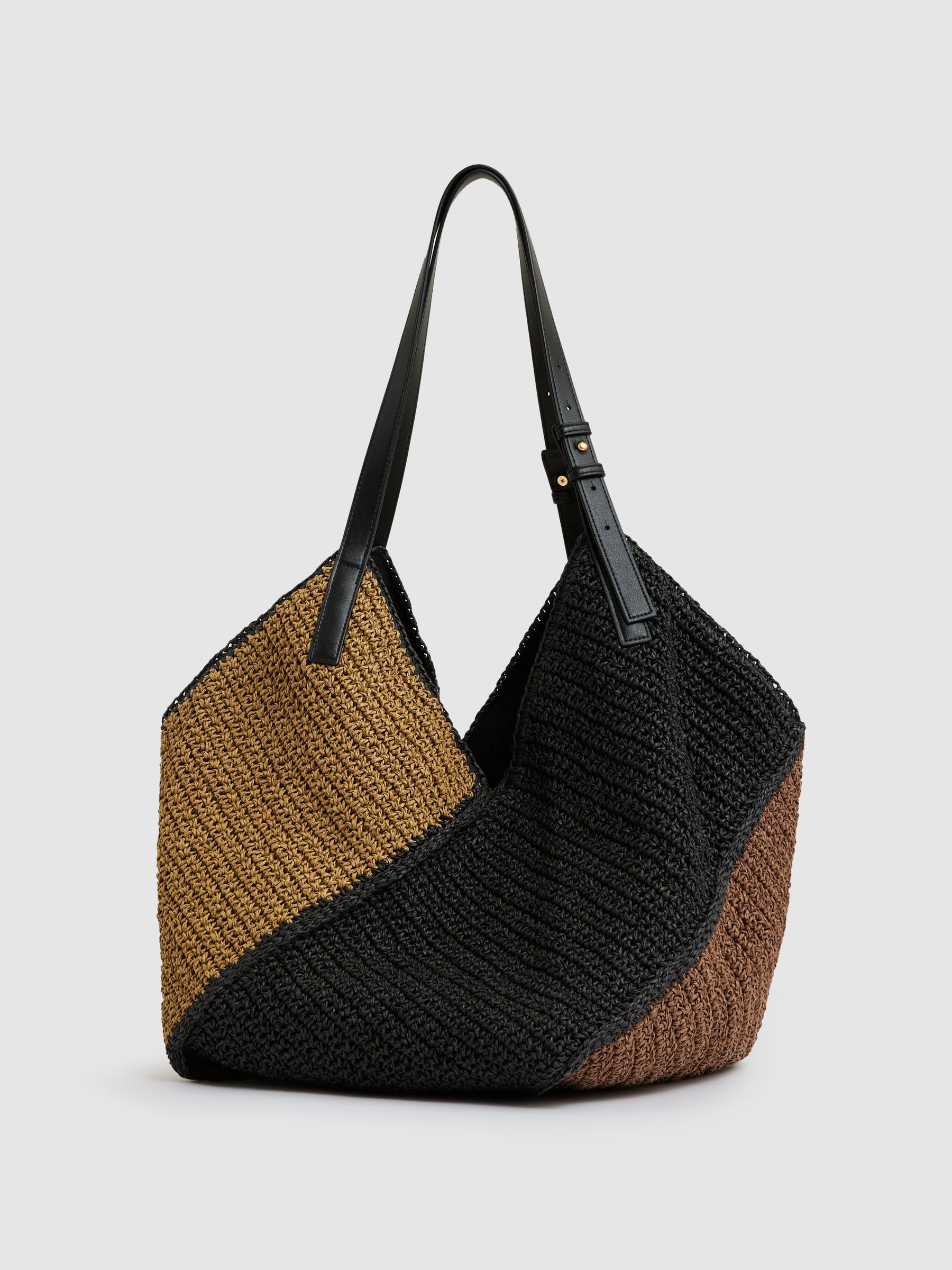 Raffia-Effect Colour-Block Tote Bag in Tan - image 3