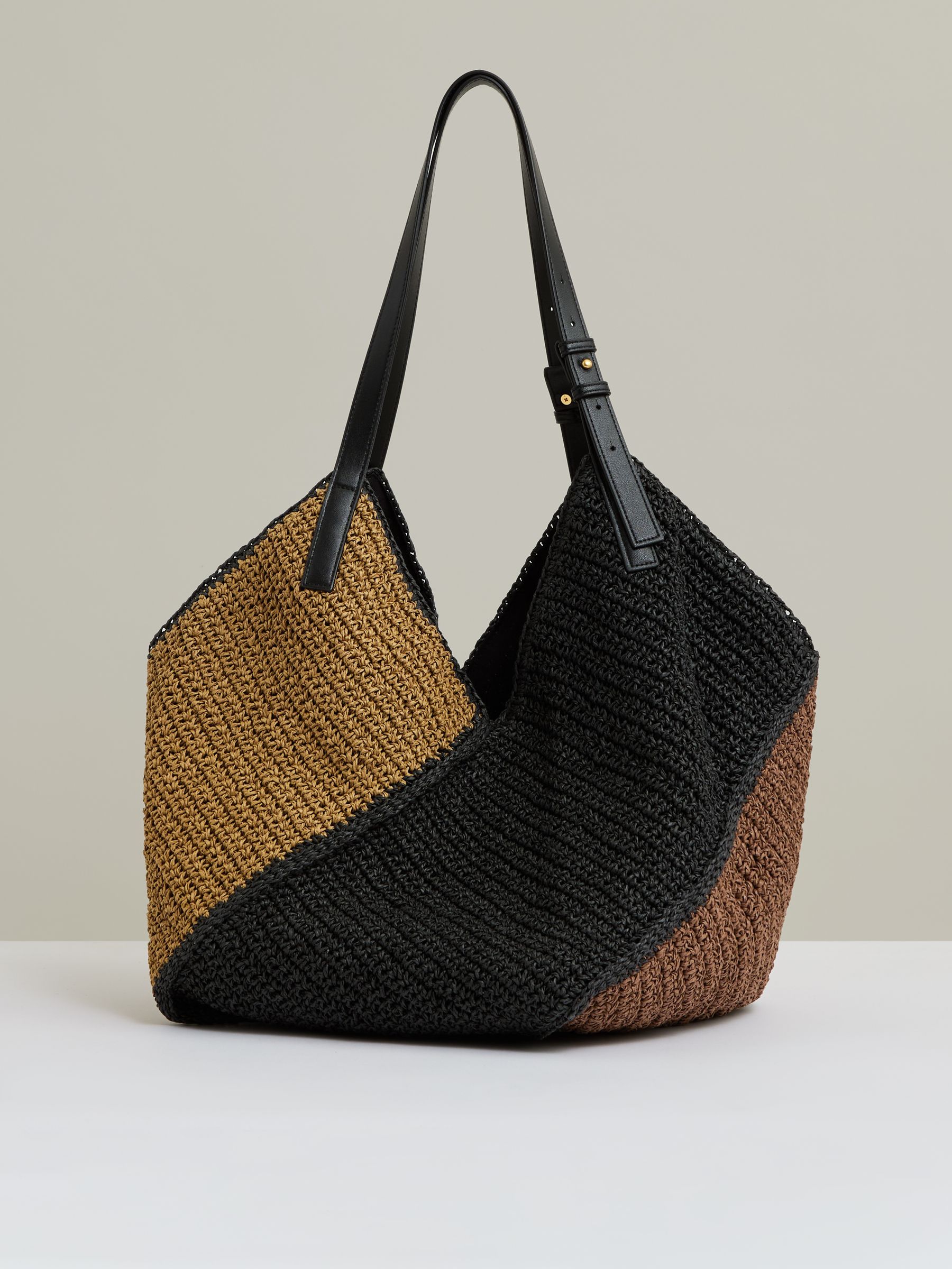 Raffia Colour-Block Tote Bag in Tan - Image 4 of 5