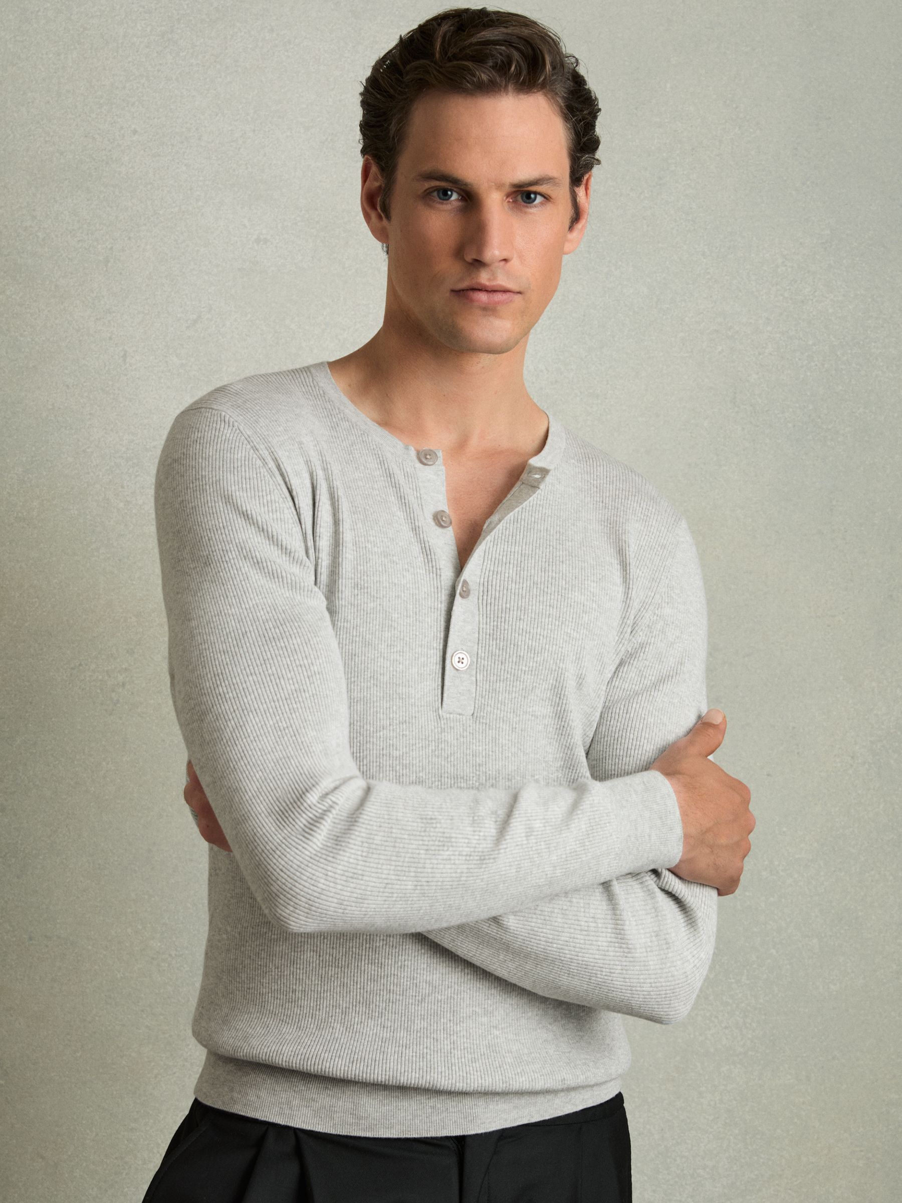 Rib Knit Henley Jumper in Grey - Image 1 of 7