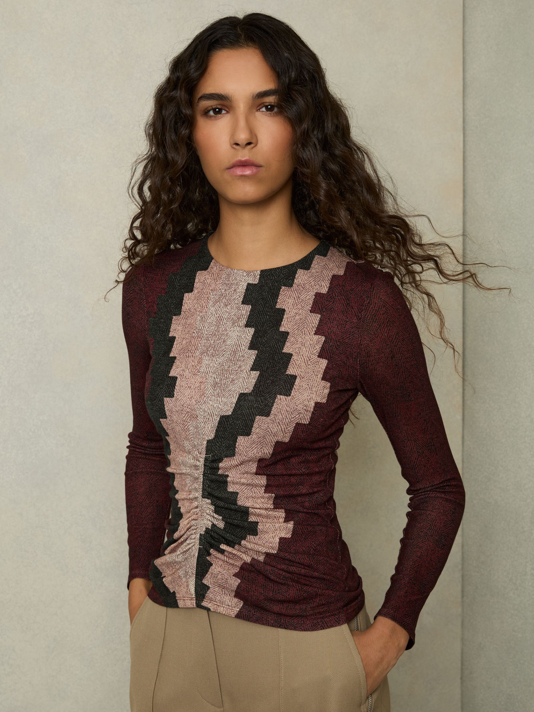 Printed Ruched Top With Wool in Burgundy - Image 1 of 5