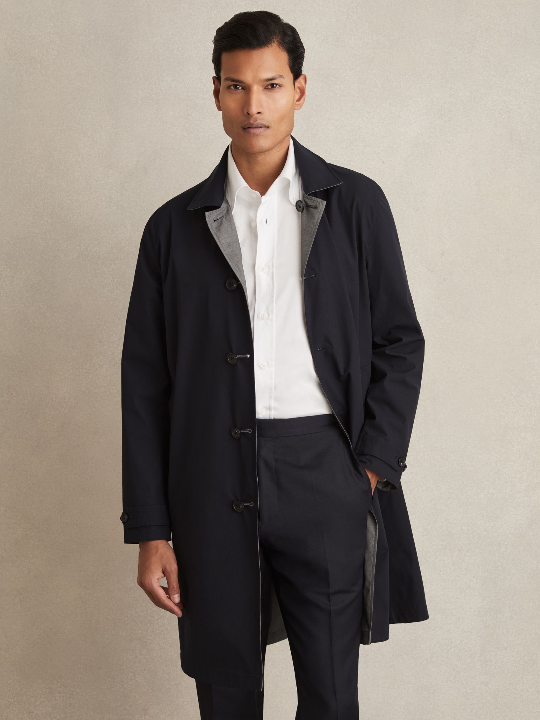ESSAY（エッセイ） COLLAR LESS COAT　Grey Brown Reiss Reversible Mid-Length Coat in Navy/Grey | REISS