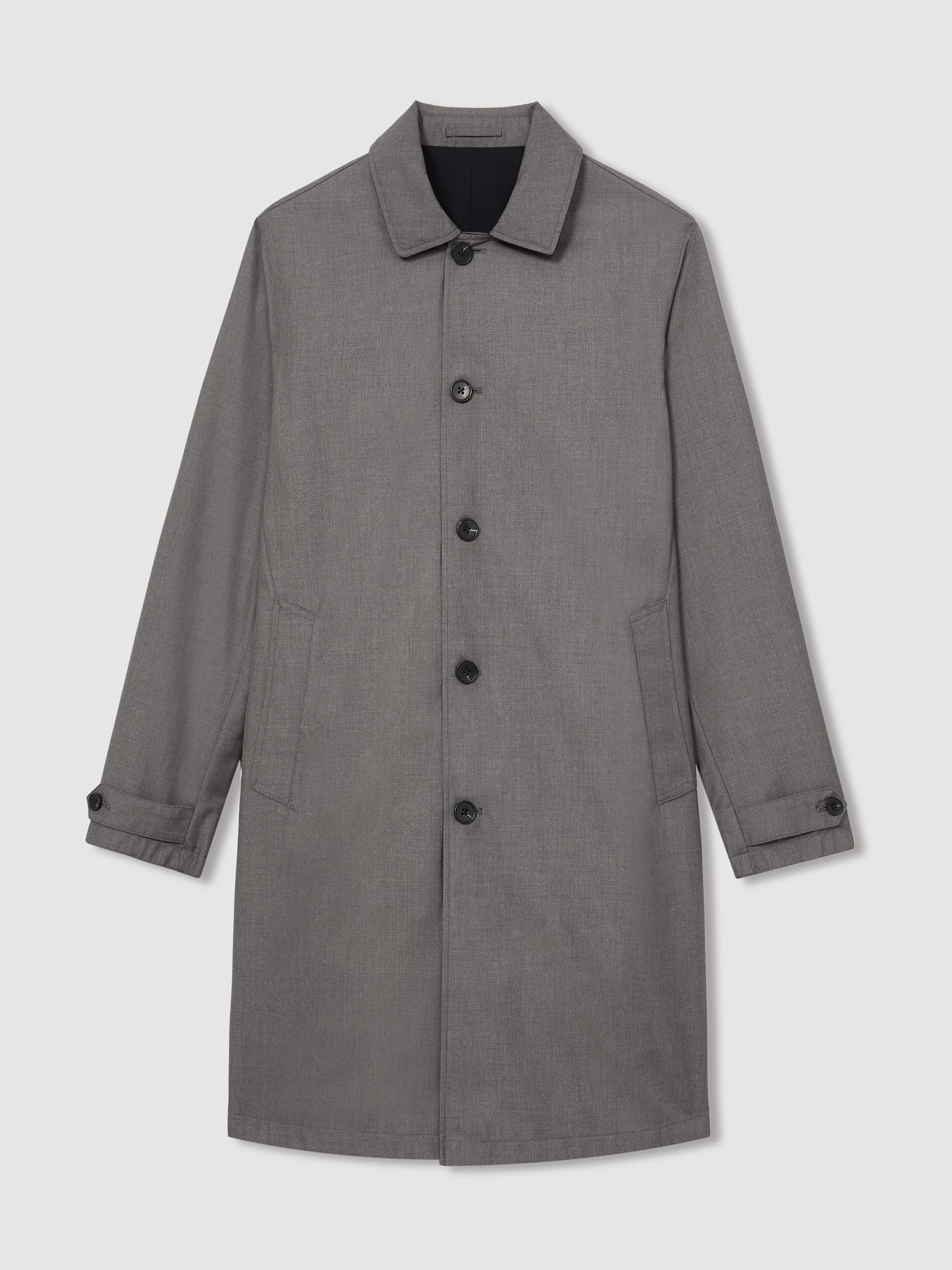 ESSAY（エッセイ） COLLAR LESS COAT　Grey Brown Reiss Reversible Mid-Length Coat in Navy/Grey | REISS