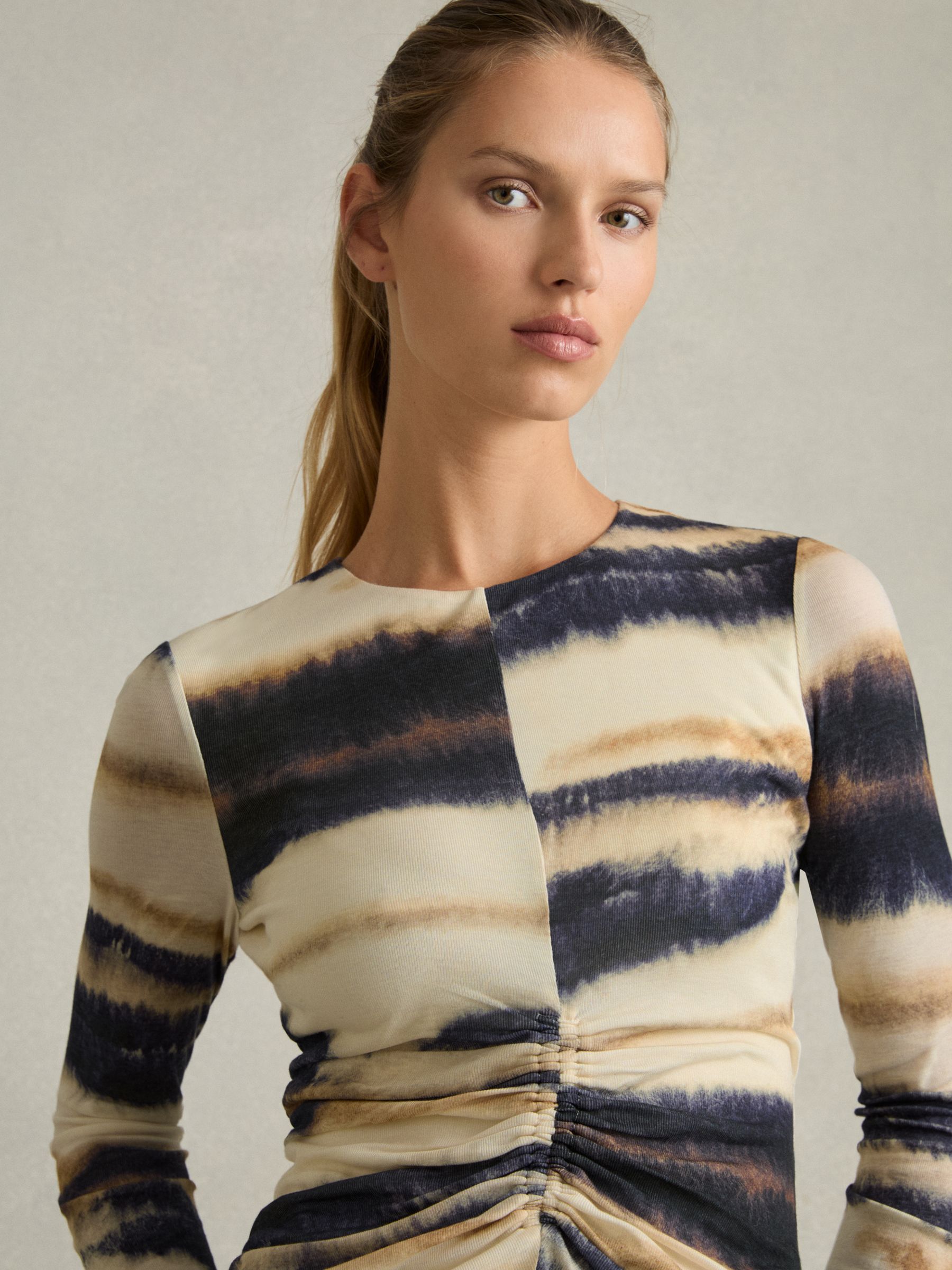 Printed Jersey Ruched Top With Wool in Cream/Black - image 3