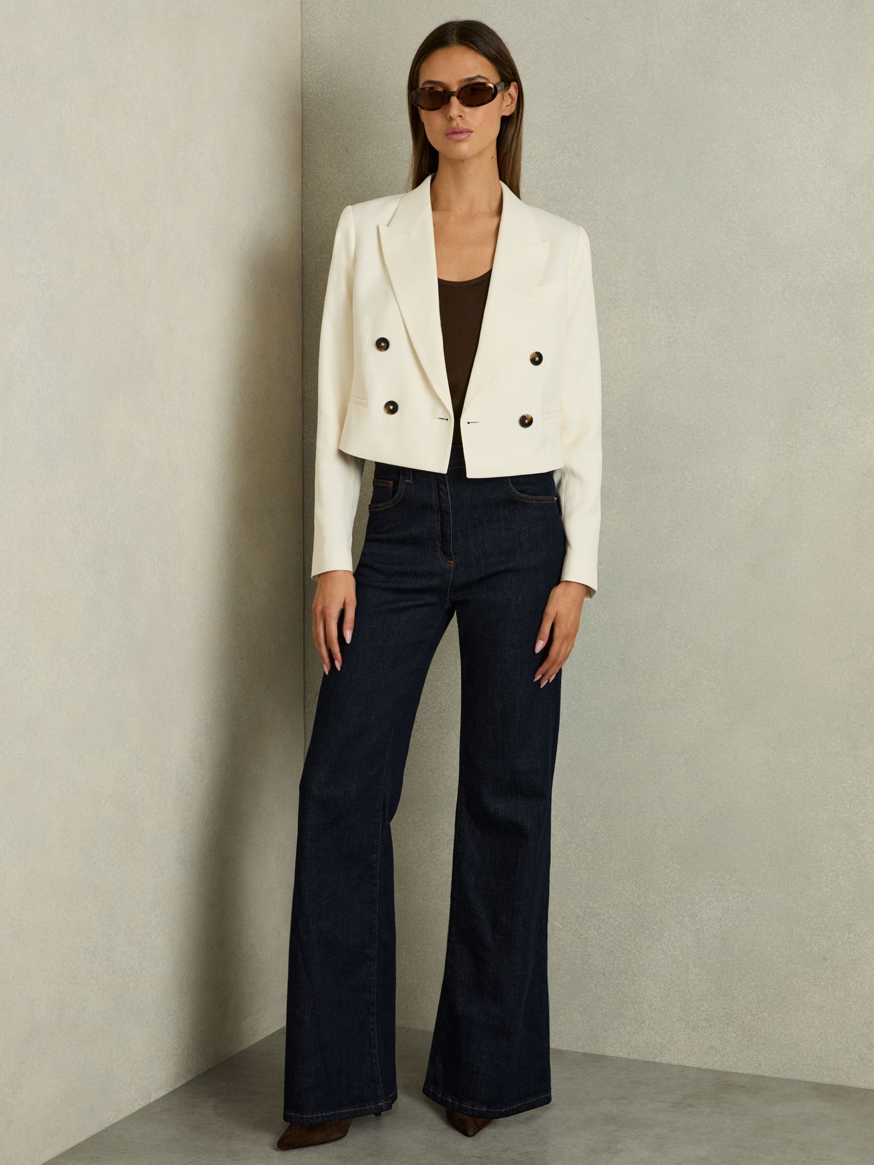 Double-Breasted Cropped Blazer in Cream - Image 1 of 6