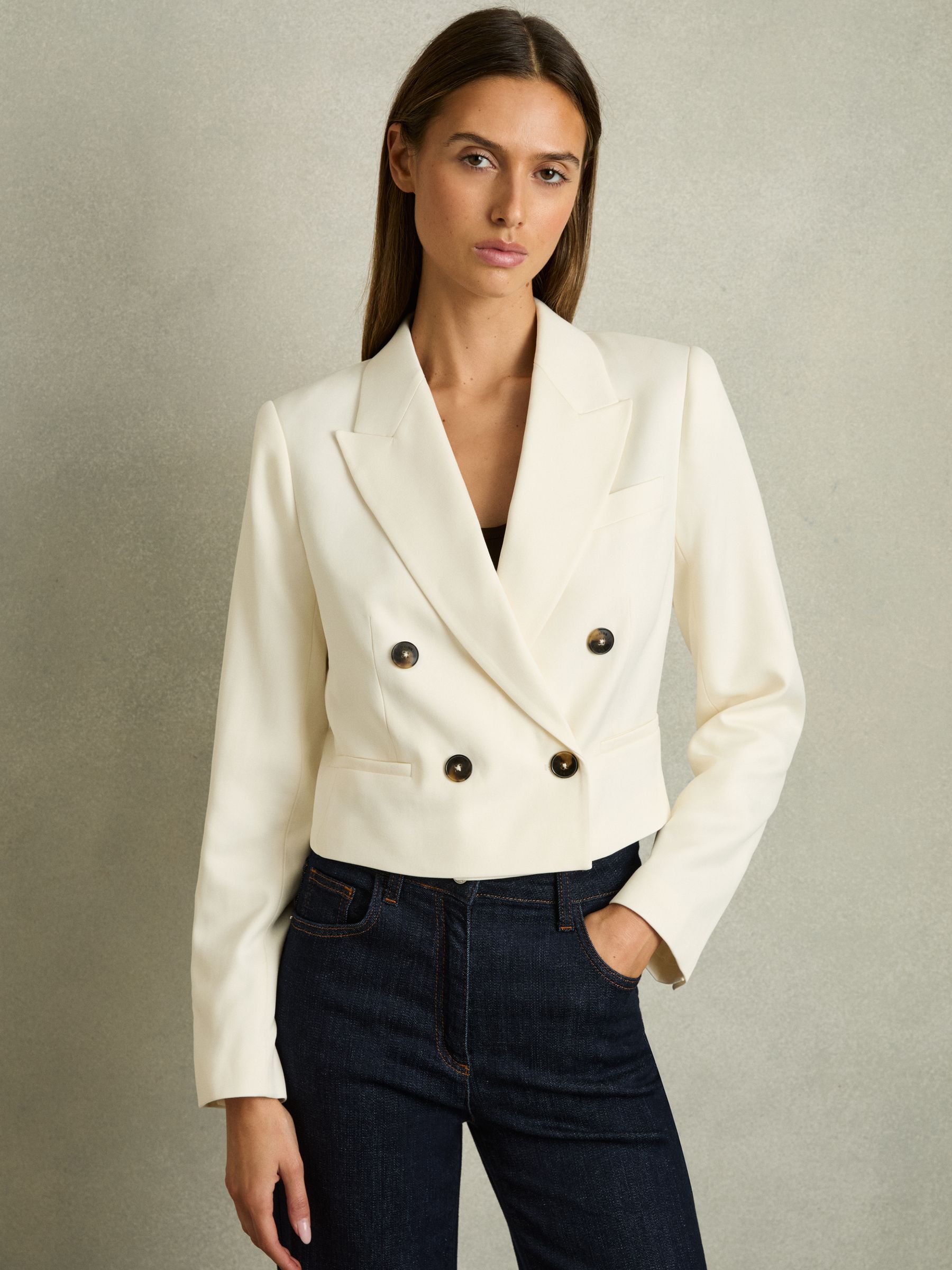 Double-Breasted Cropped Blazer in Cream - Image 3 of 6