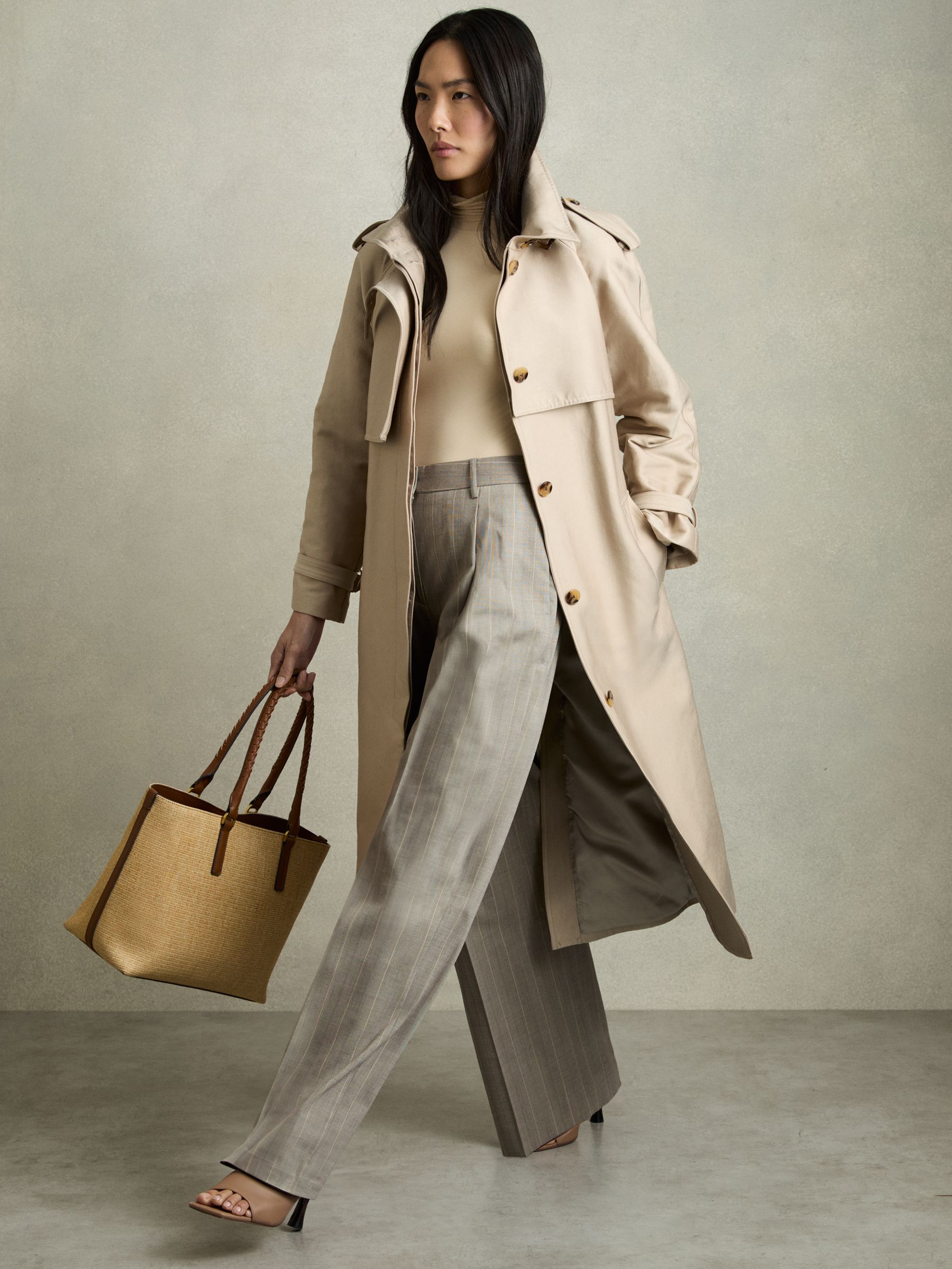 Wool-Blend Wide-Leg Pinstripe Trousers in Grey - Image 1 of 6