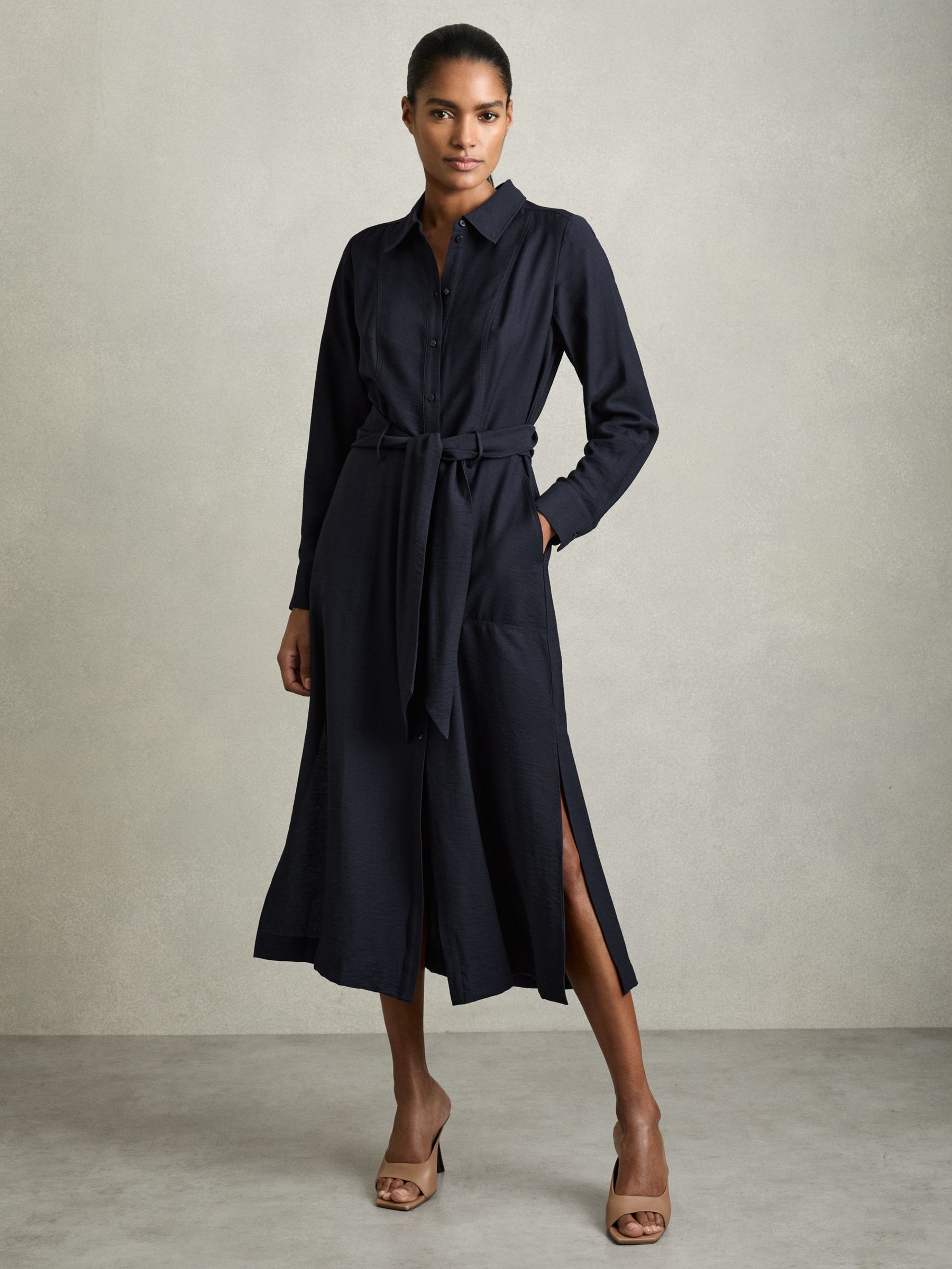 Long-Sleeve Belted Midi Dress in Navy - Image 1 of 5