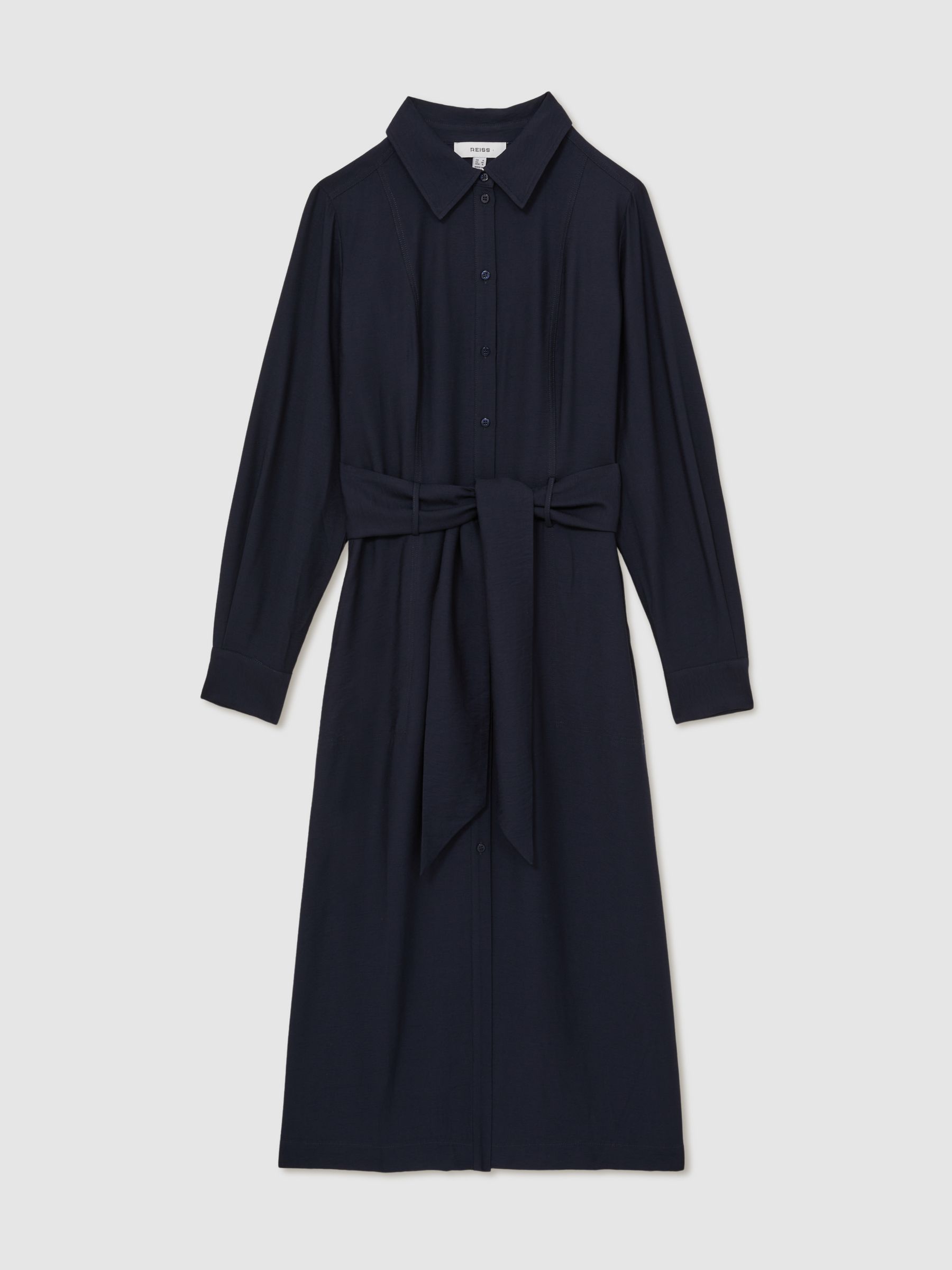 Long-Sleeve Belted Midi Dress in Navy - Image 2 of 5