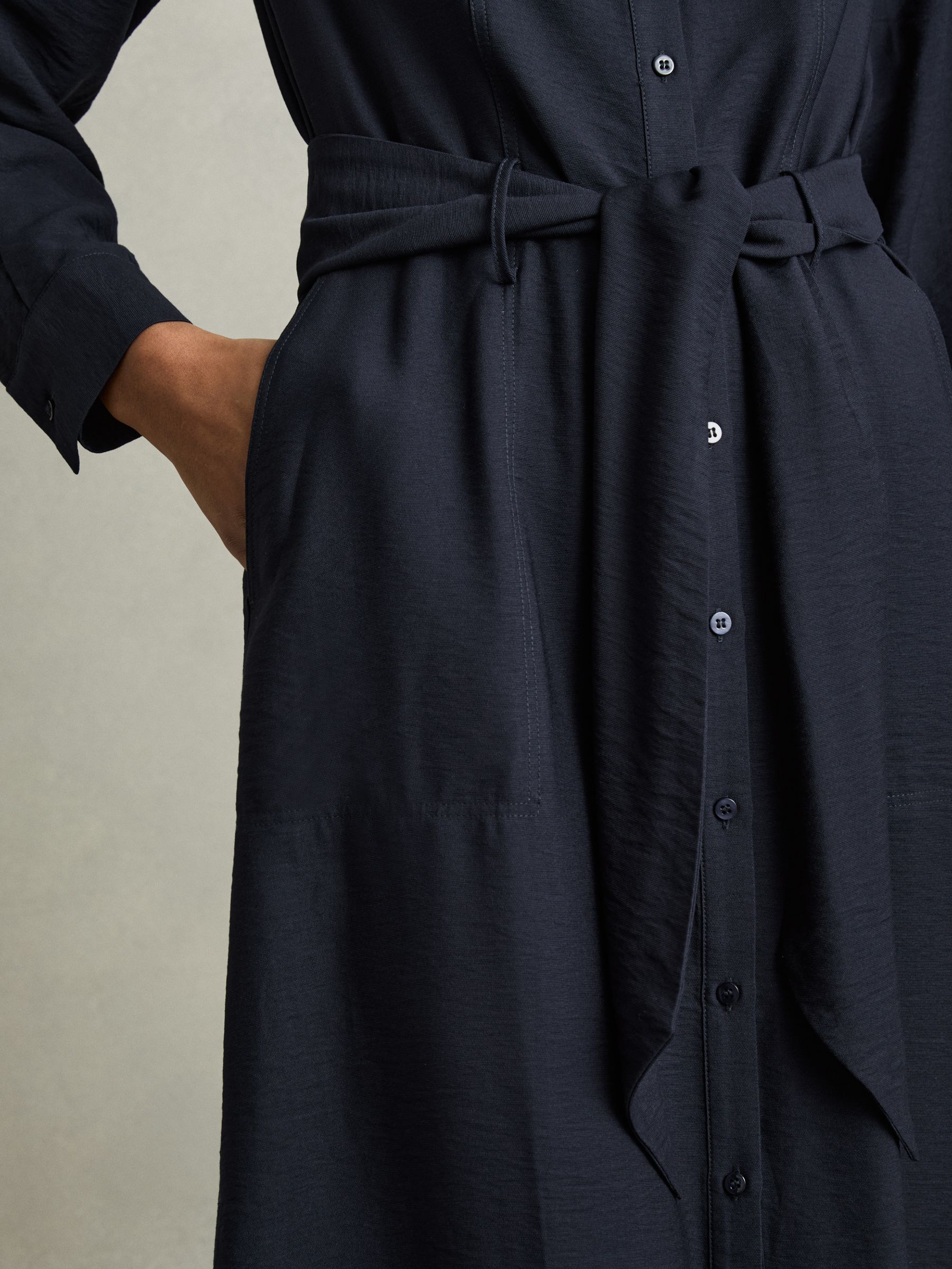 Long-Sleeve Belted Midi Dress in Navy - Image 3 of 5