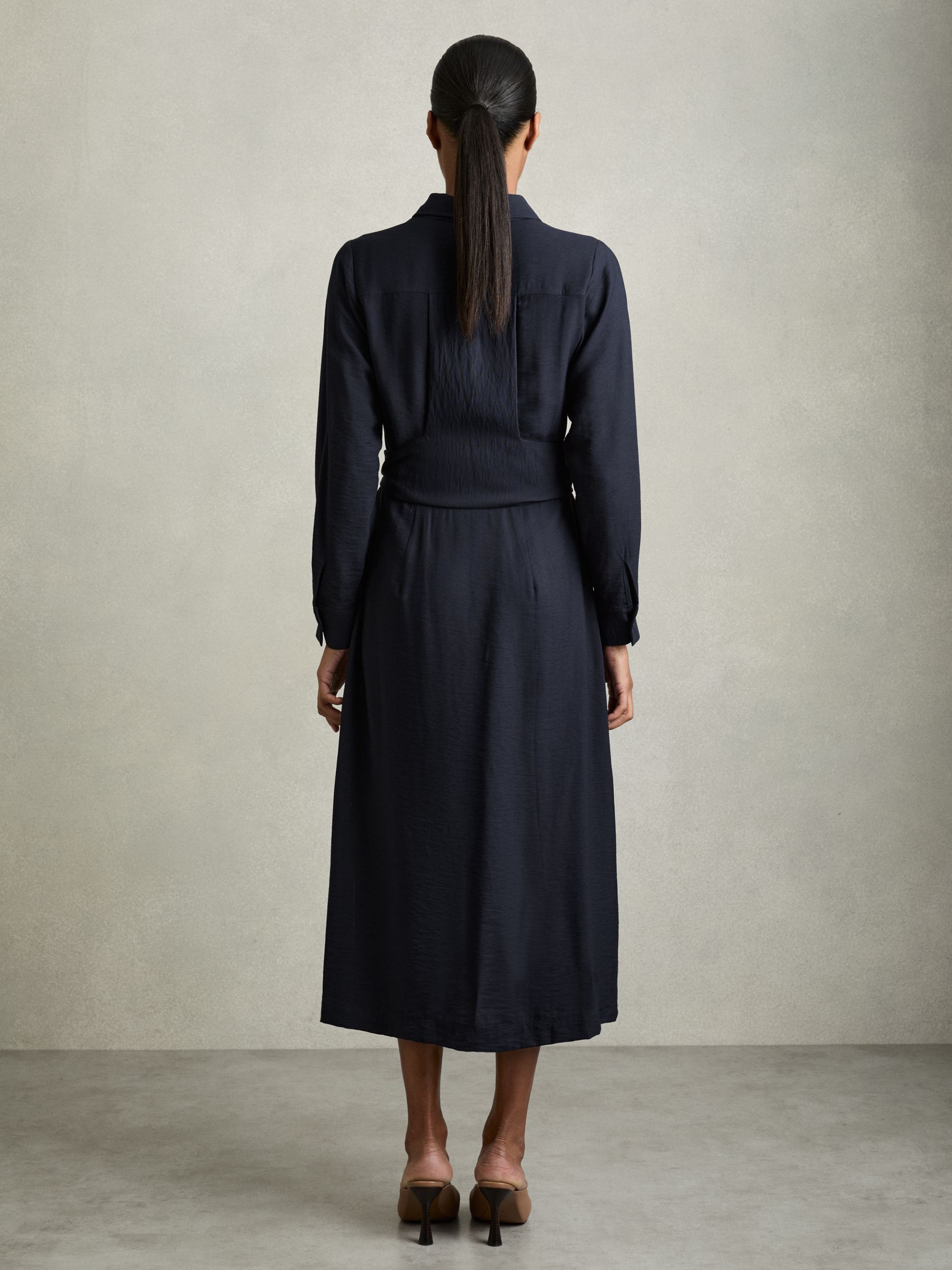Long-Sleeve Belted Midi Dress in Navy - Image 4 of 5