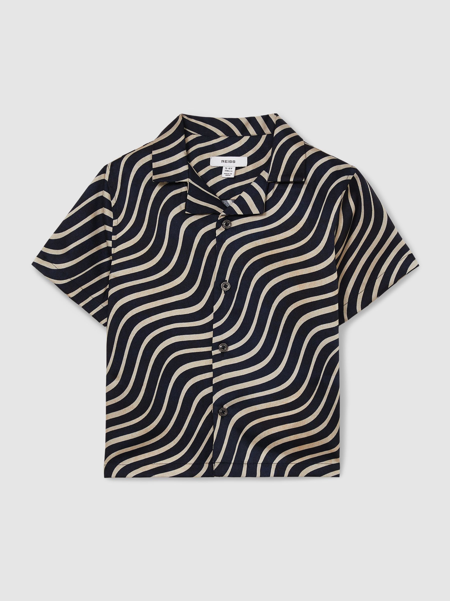 9-13 yrs Wave-Print Cuban-Collar Shirt in Navy/Off White - Image 2 of 4