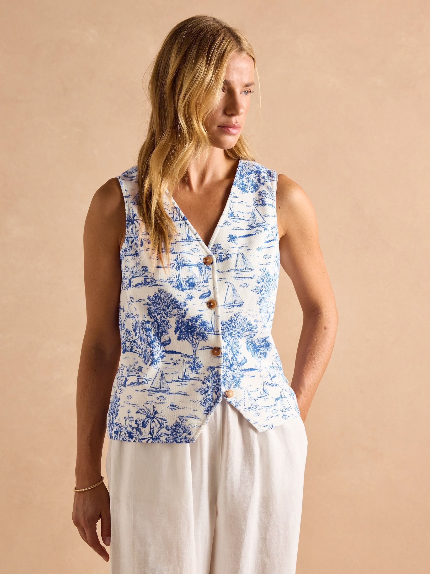 Premium Ribbed Blue Toile de Jouy Jersey Cotton Waistcoat - Image 3 of 11