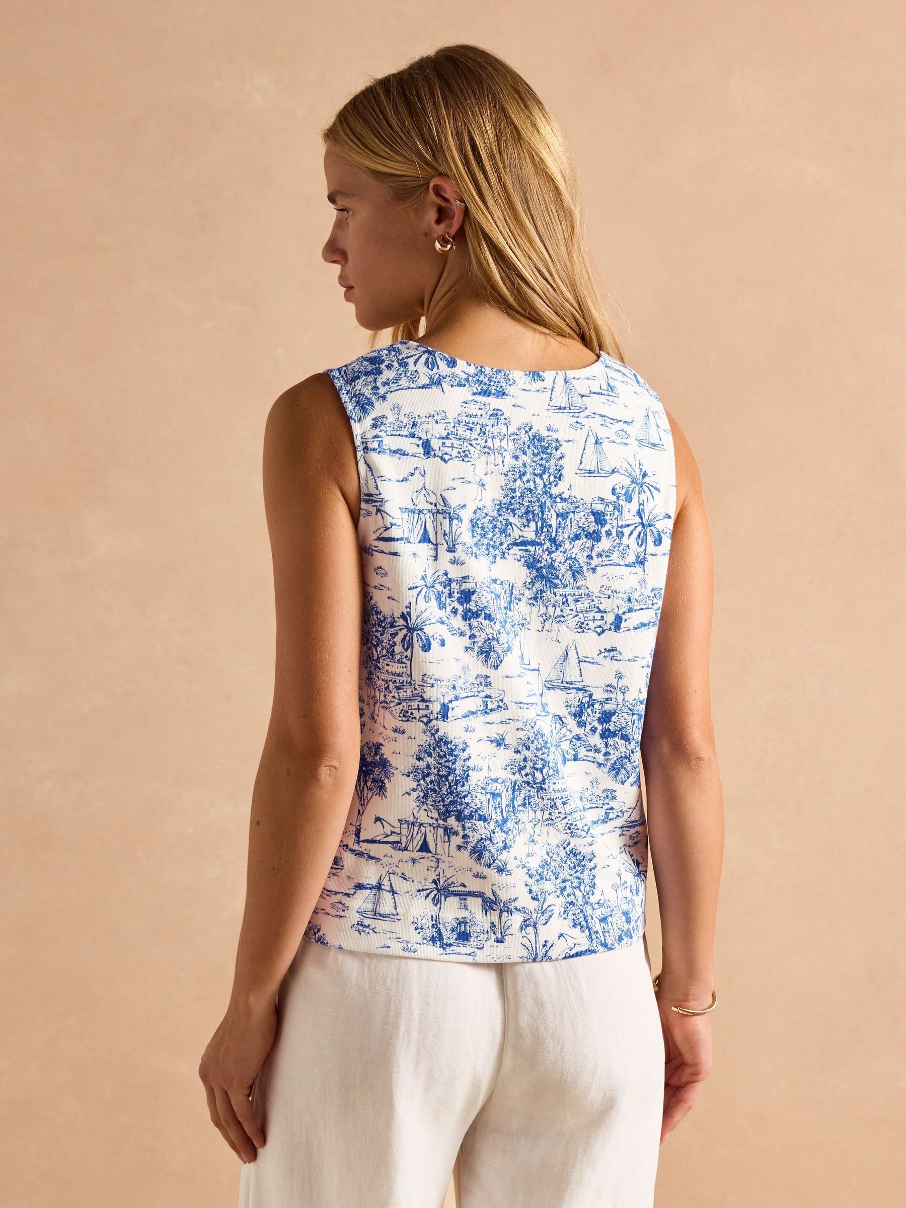 Premium Ribbed Blue Toile de Jouy Jersey Cotton Waistcoat - Image 4 of 11