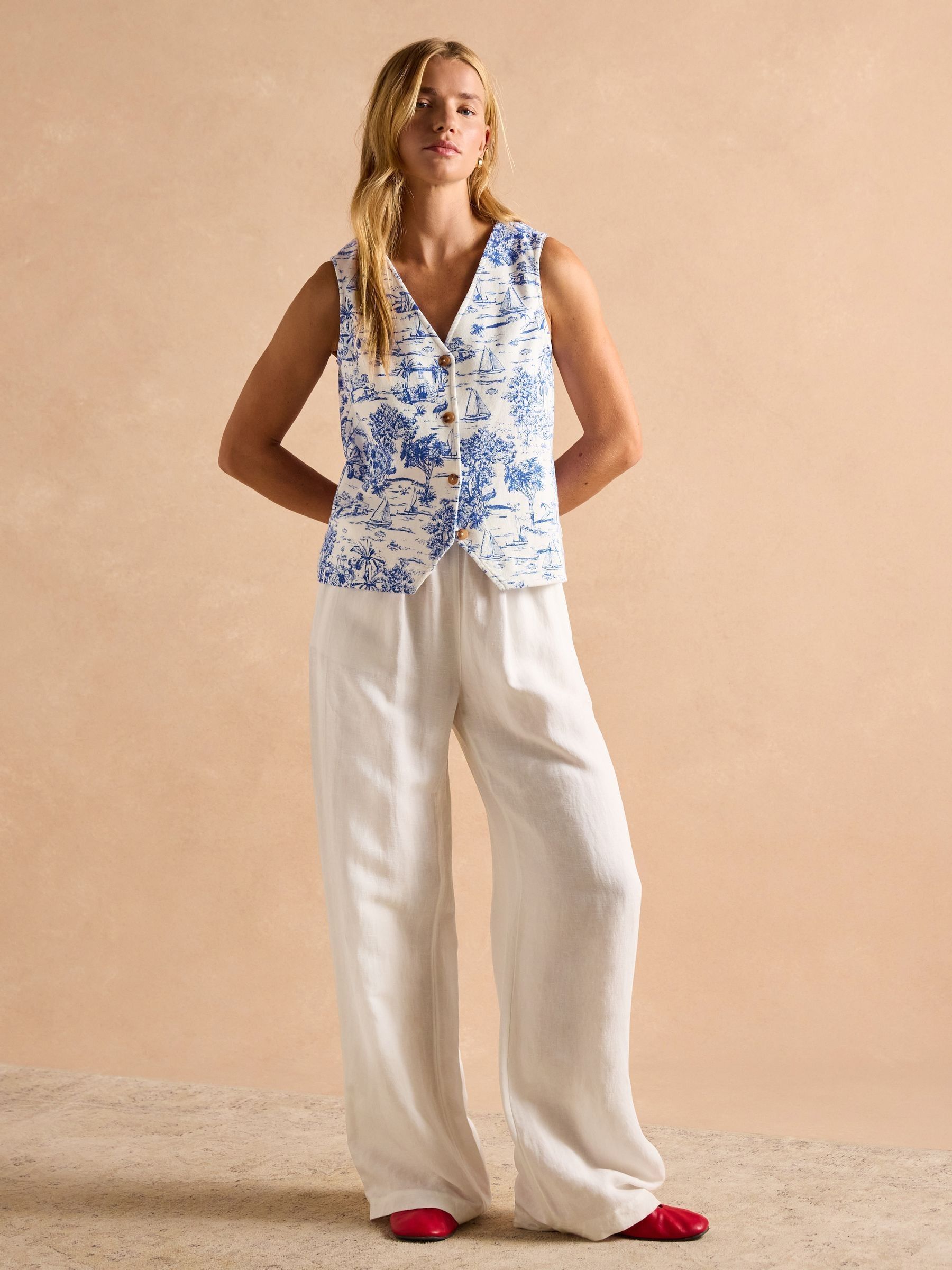 Premium Ribbed Blue Toile de Jouy Jersey Cotton Waistcoat - Image 8 of 11