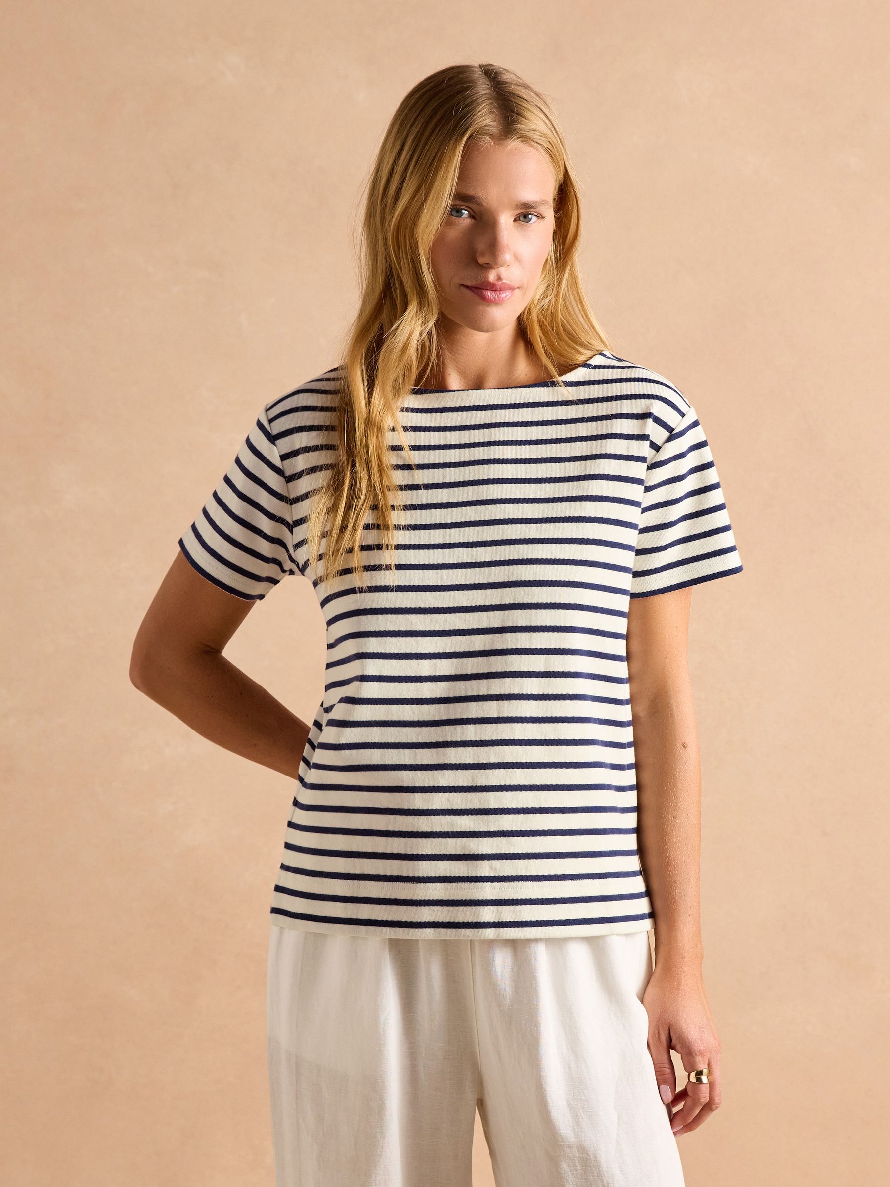 Harbour Cream/Navy Short Sleeve Boat Neck Breton Top - Image 1 of 10