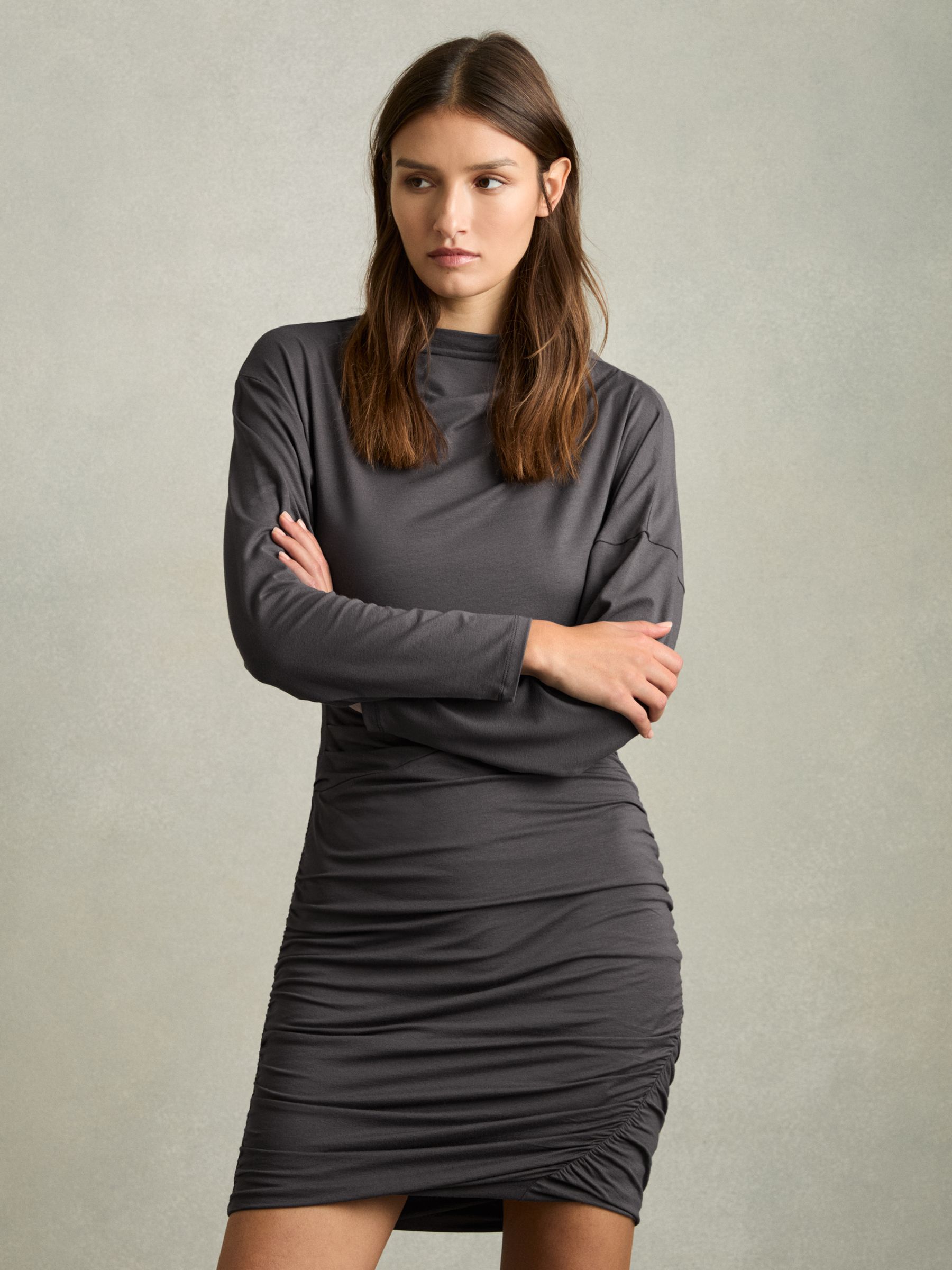 Ruched Jersey Mini Dress in Charcoal - Image 1 of 5