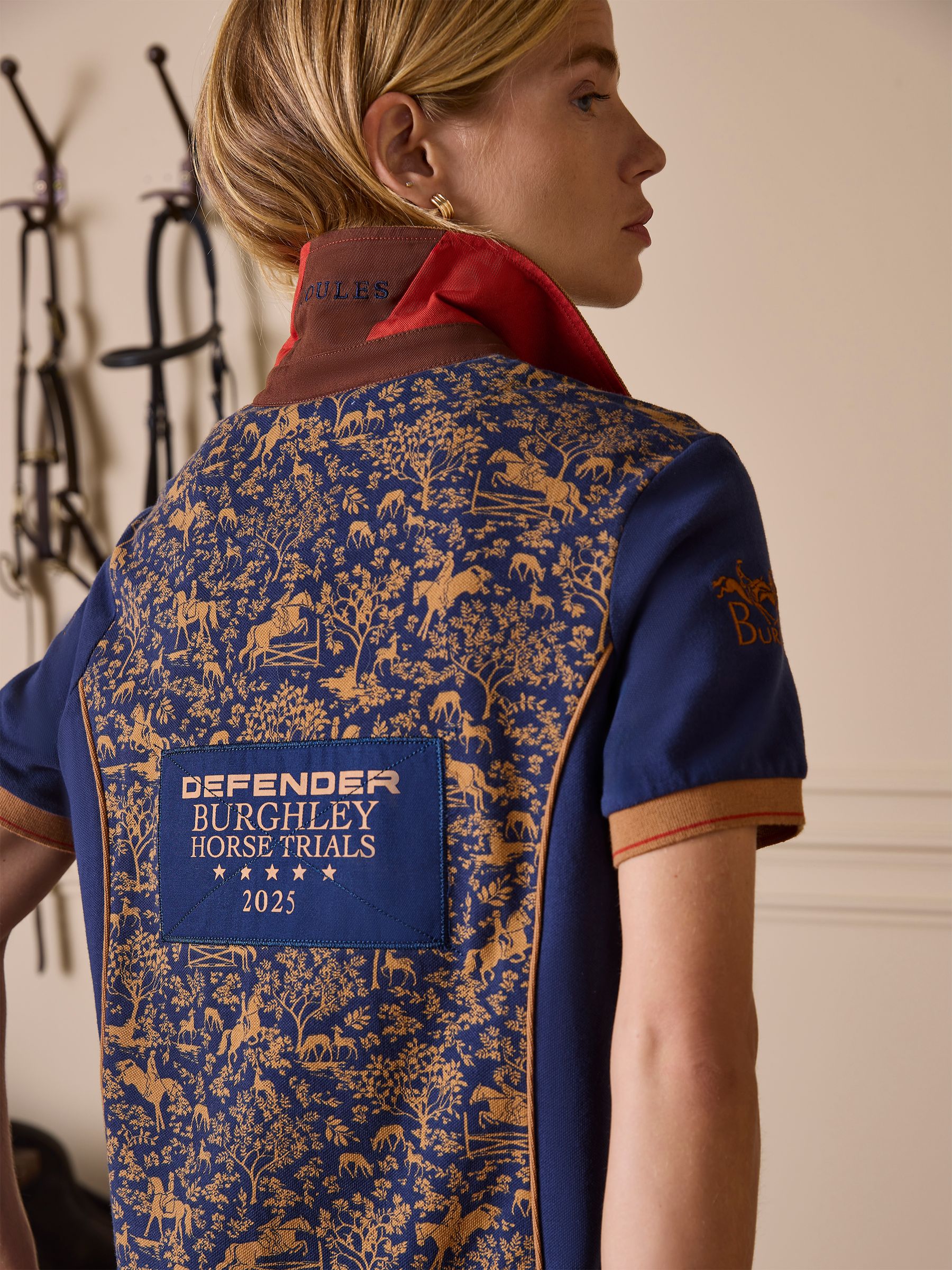 Official Burghley Navy Horse Print Pique Polo Shirt - Image 2 of 6