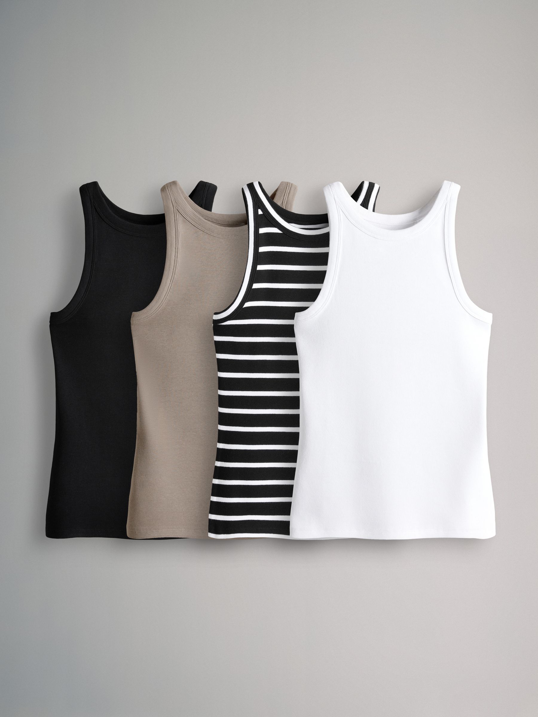 Black/White/Stripe/Taupe Brown - 4 Pack Ribbed Racer Vests - Image 2 of 6 Black/White/Stripe/Taupe Brown - 4 Pack Ribbed Racer Vests - Image 2 of 6