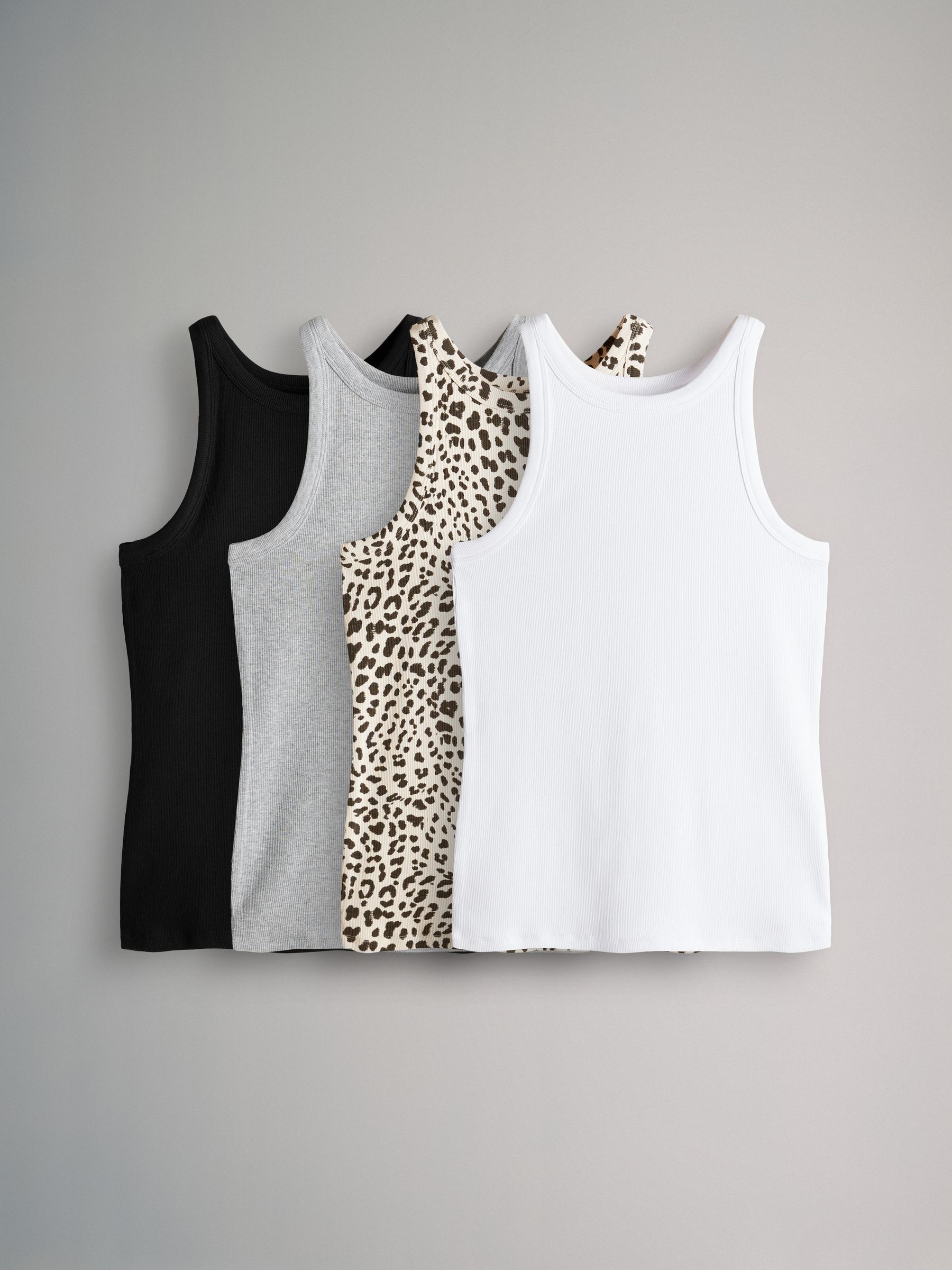 Black/White/Grey Marl/Animal - 4 Pack Ribbed Racer Vests - Image 1 of 6