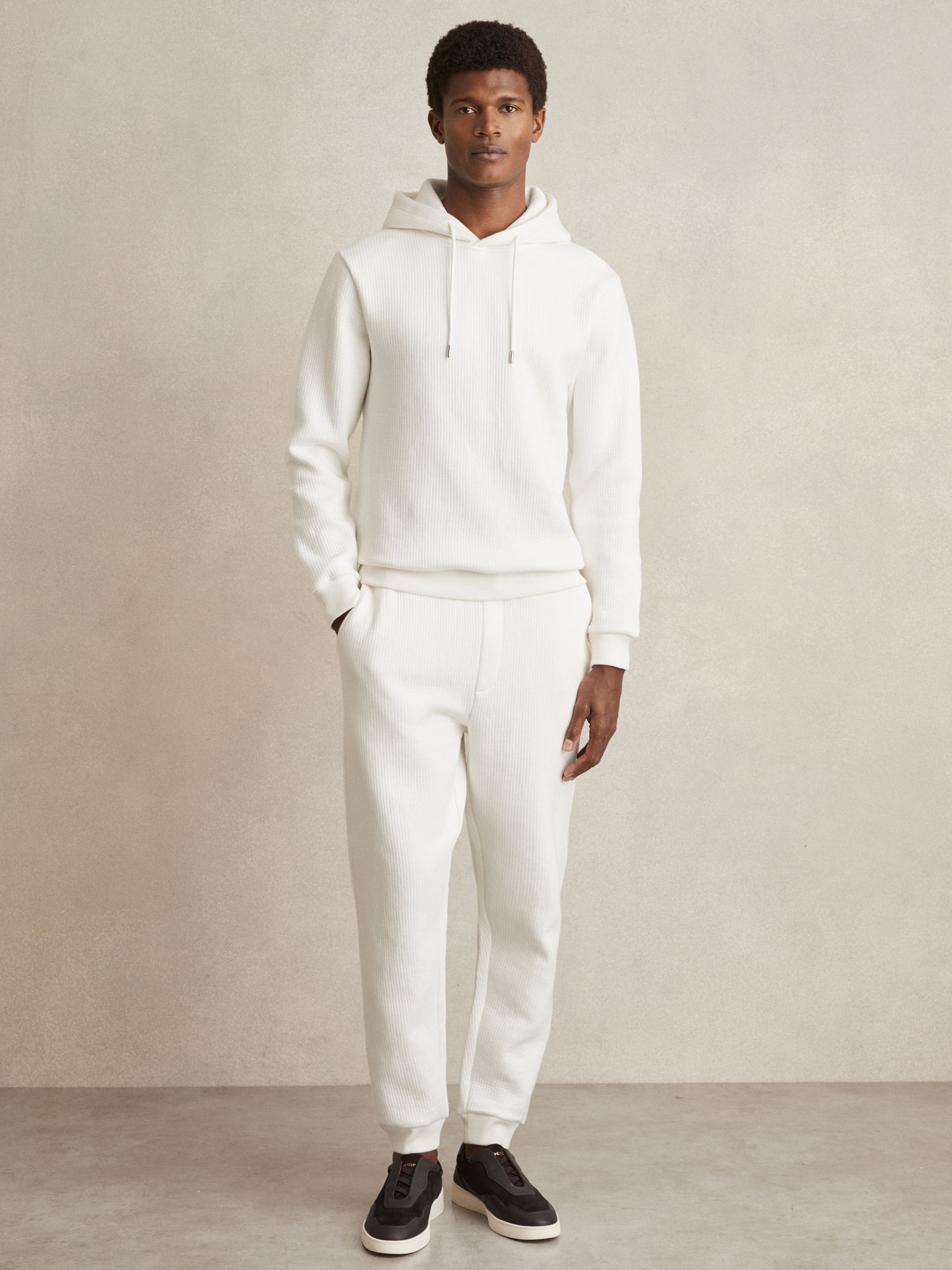 Reiss Cotton-Blend Rib-Knit Hoodie in White | REISS