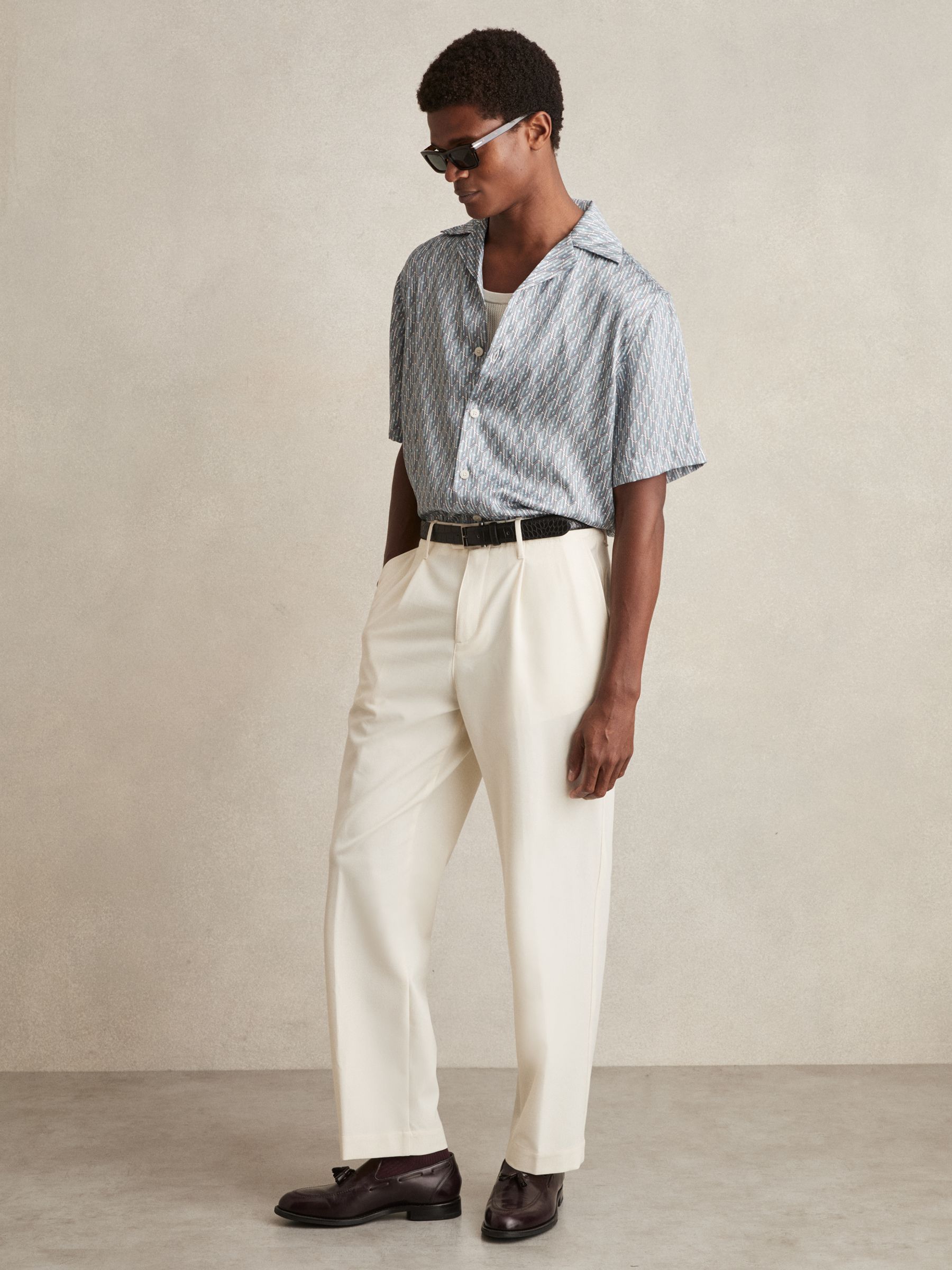 Monogram-Print Cuban-Collar Shirt in Blue - Image 1 of 6