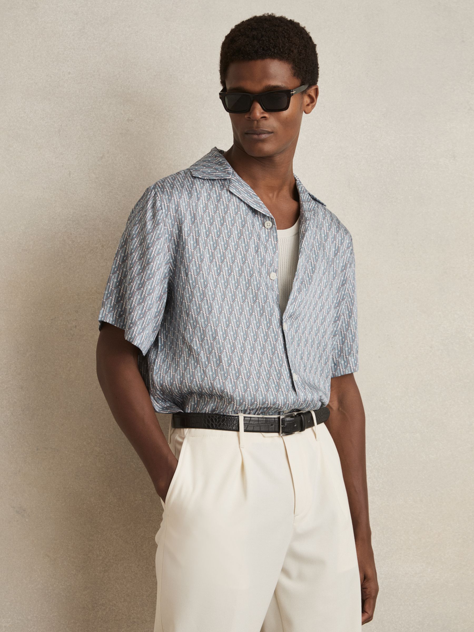 Monogram-Print Cuban-Collar Shirt in Blue - Image 3 of 6