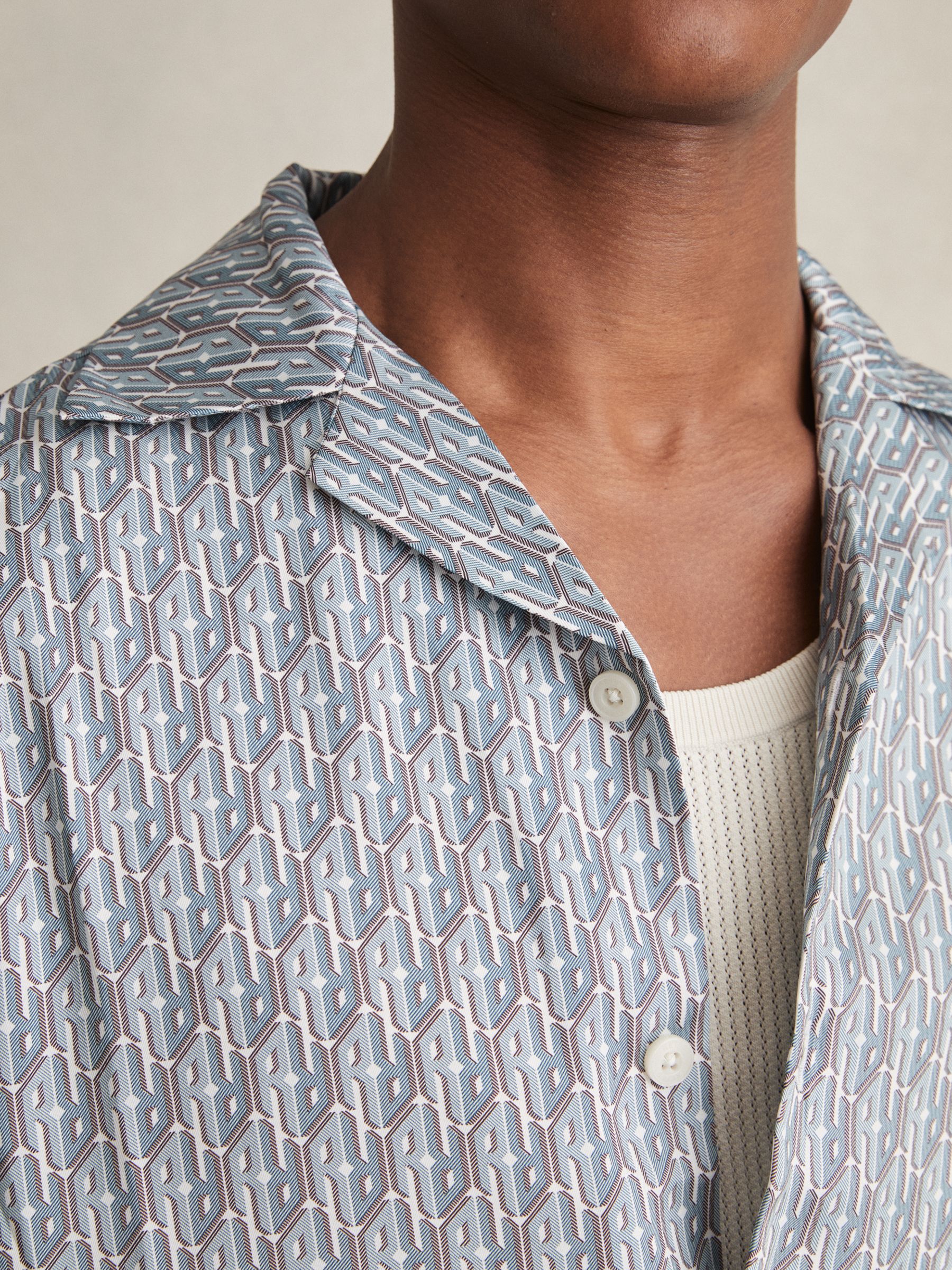Monogram-Print Cuban-Collar Shirt in Blue - Image 4 of 6