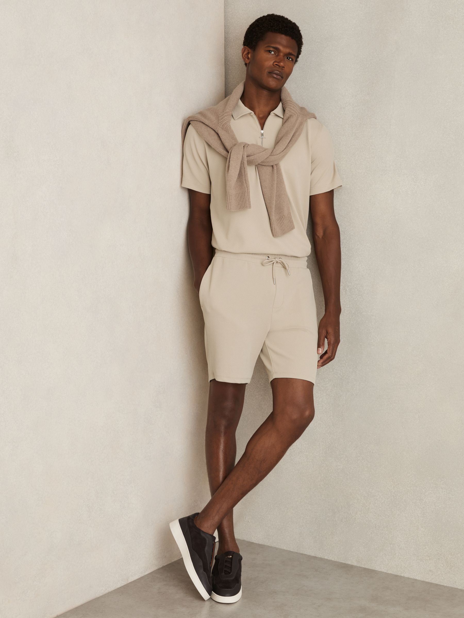 Textured Drawstring Shorts in Stone - Image 1 of 6