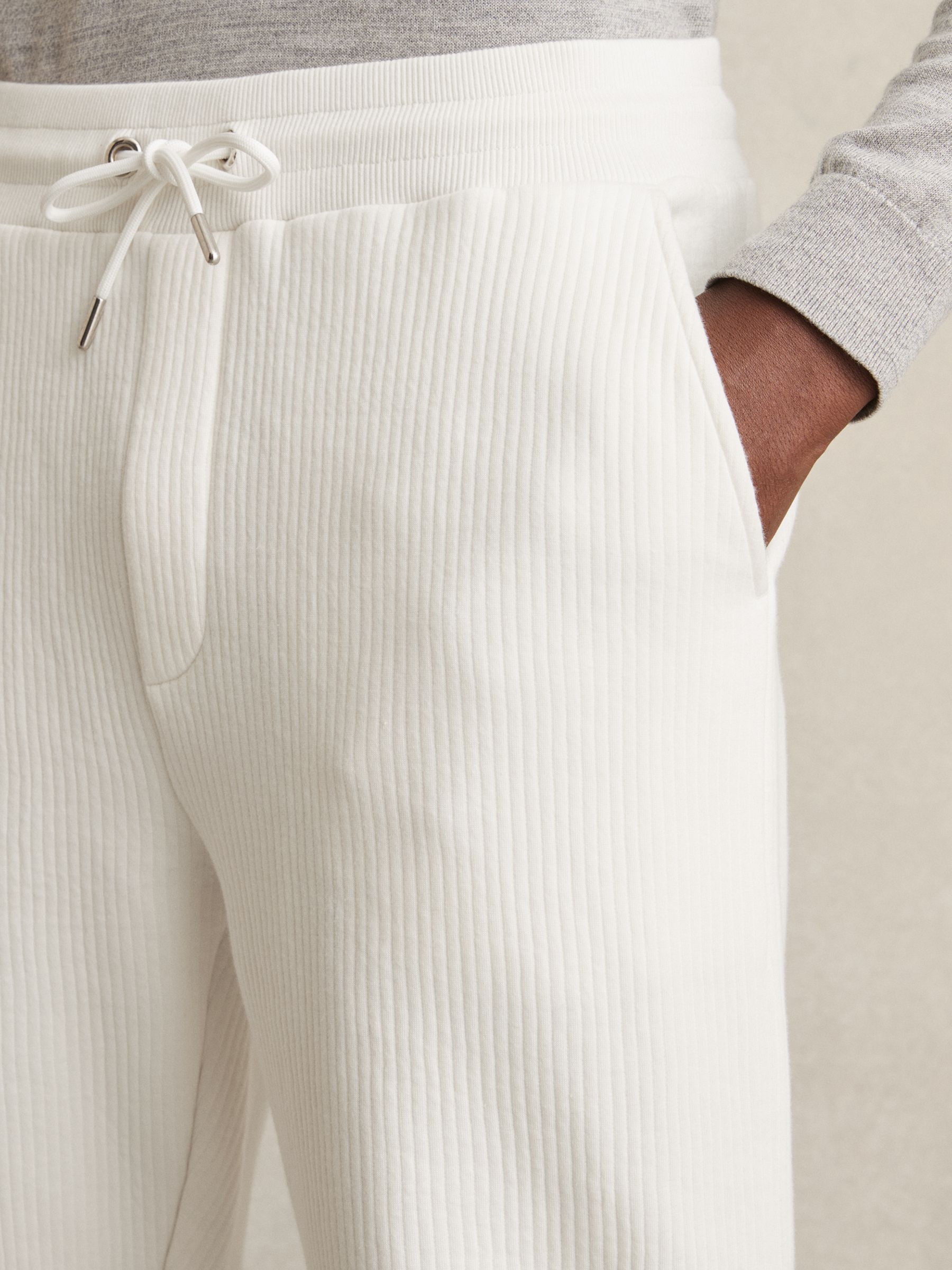 Cotton-Blend Ribbed Drawstring Joggers in White - image 4