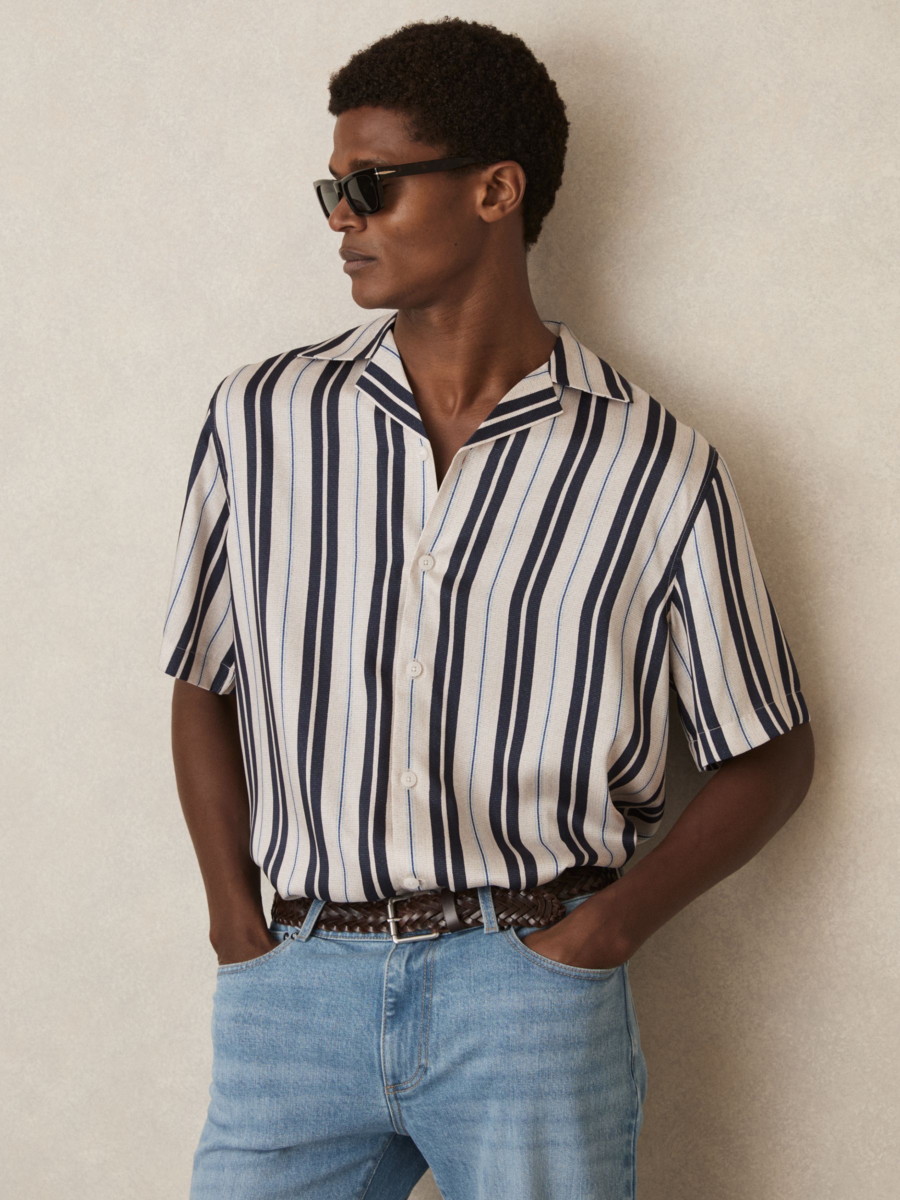 Wide-Stripe Cuban-Collar Shirt in White/Navy - Image 1 of 7