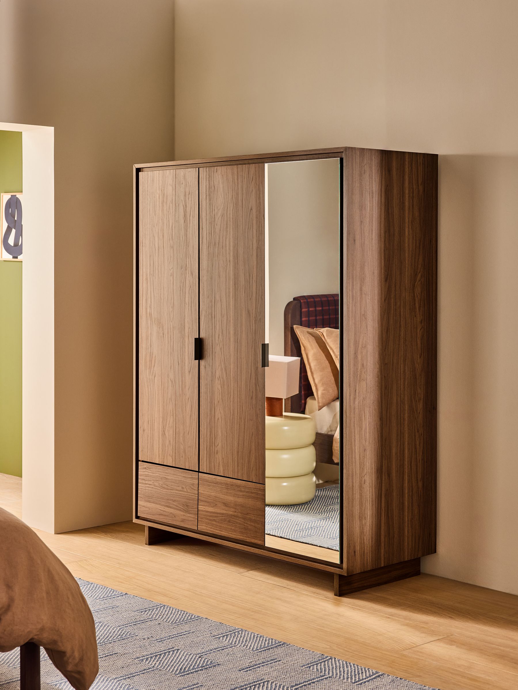 Kaci Mirror Triple Wardrobe in Dark Walnut Effect - Image 1 of 6