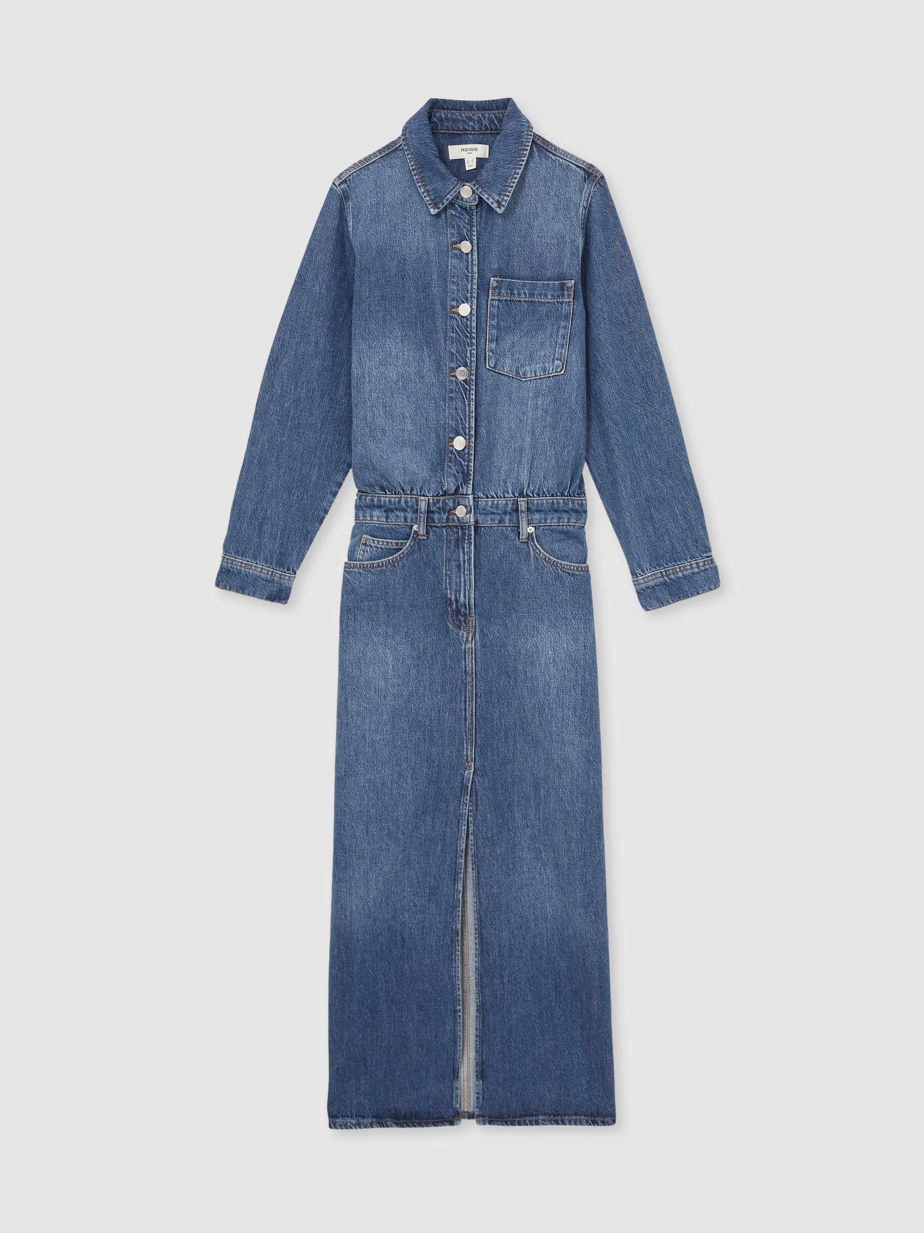 Denim Button-Through Midi Dress in Indigo - Image 2 of 7