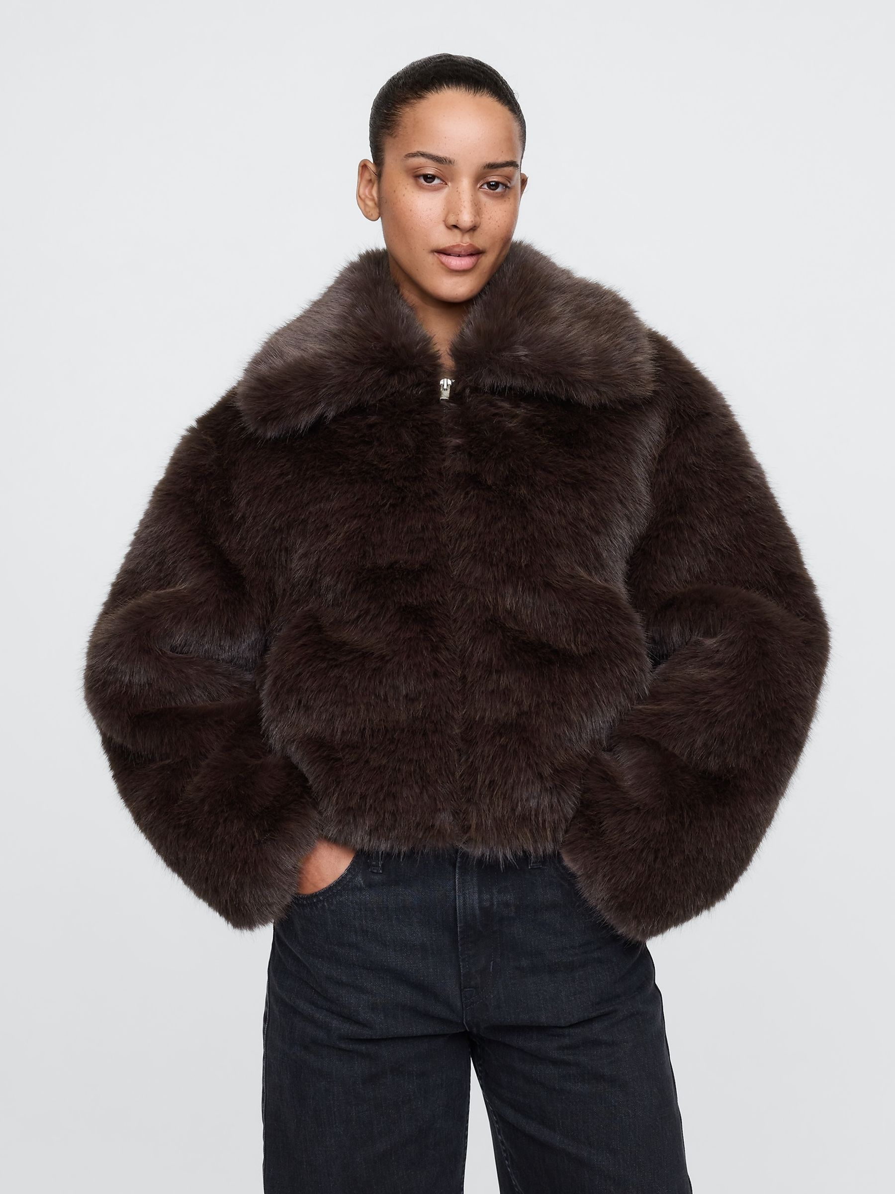 Brown Cropped Faux Fur Jacket Gap