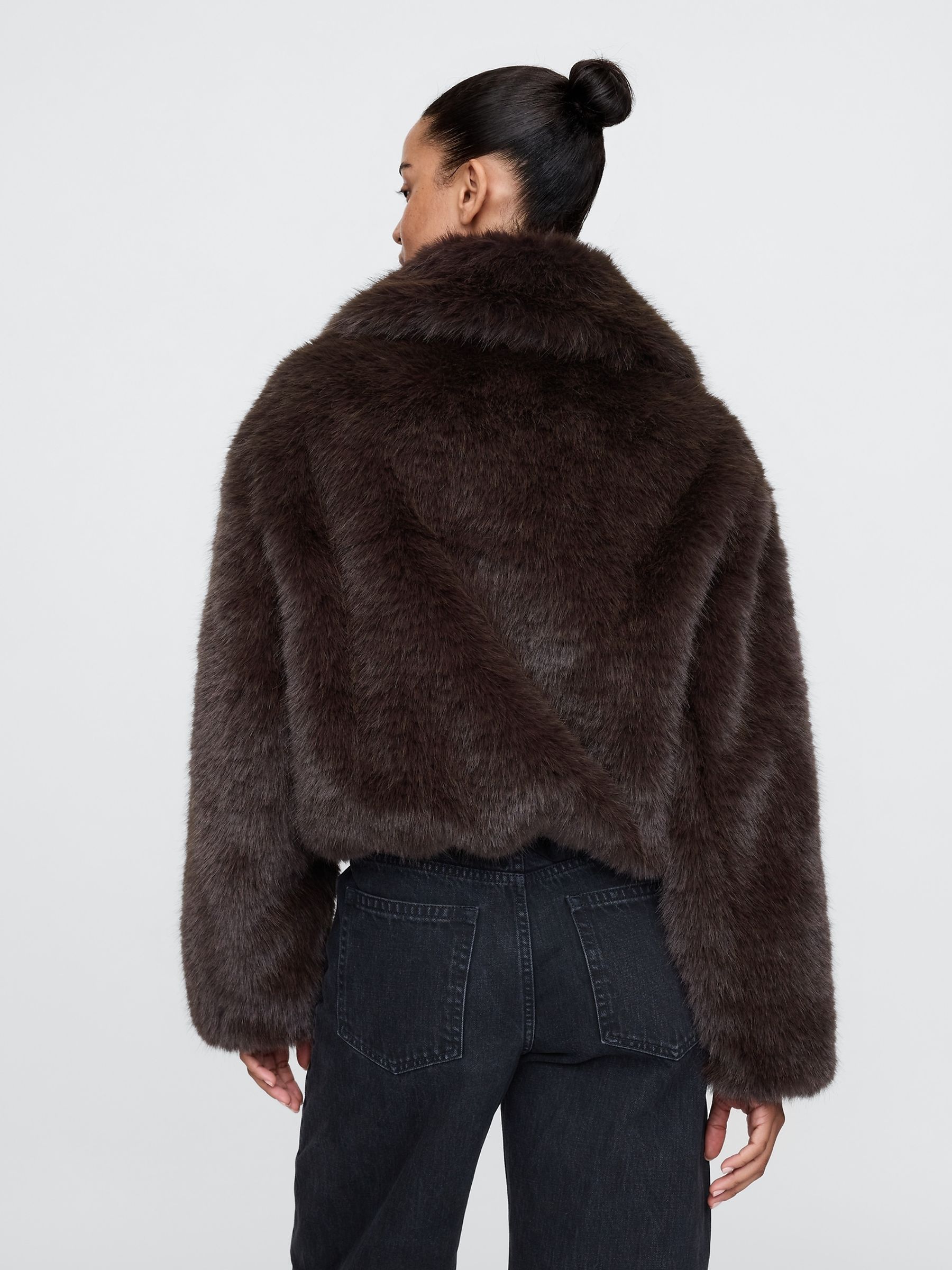 Brown Cropped Faux Fur Jacket - Image 2 of 5