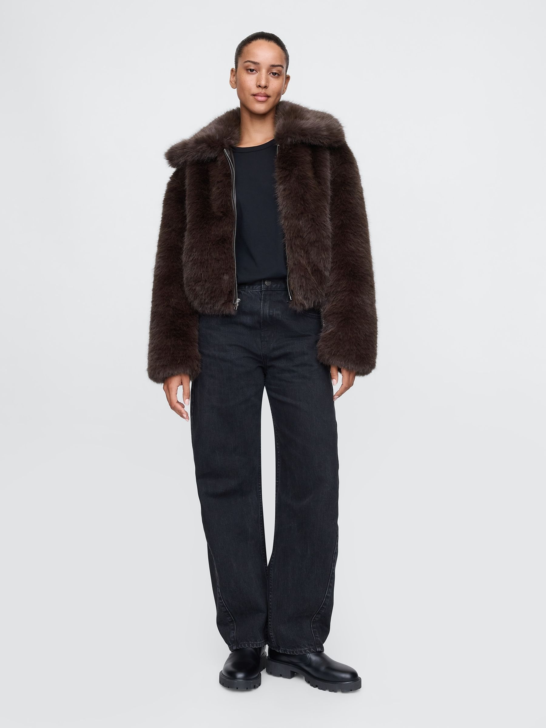 Brown Cropped Faux Fur Jacket - Image 3 of 5