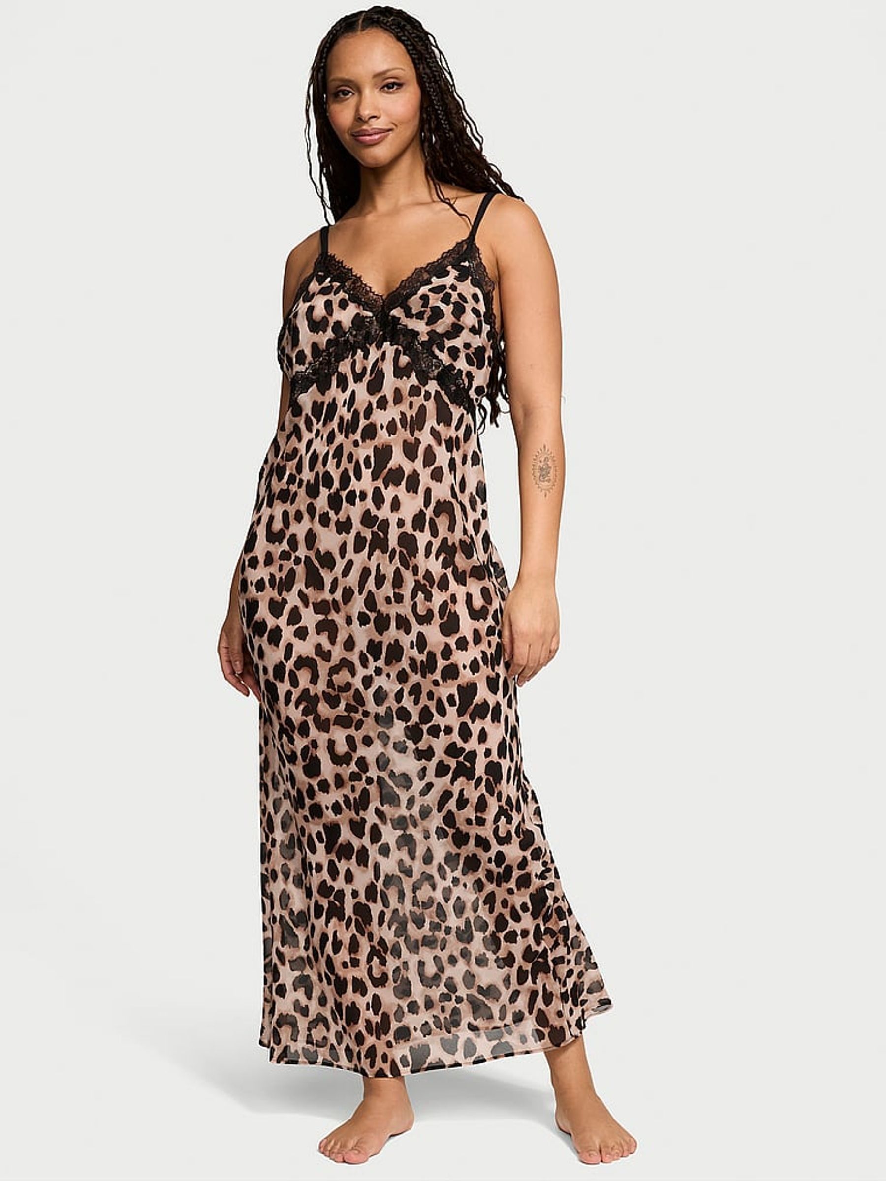 Leopard Brown Chiffon Long Slip Dress - Image 1 of 3
