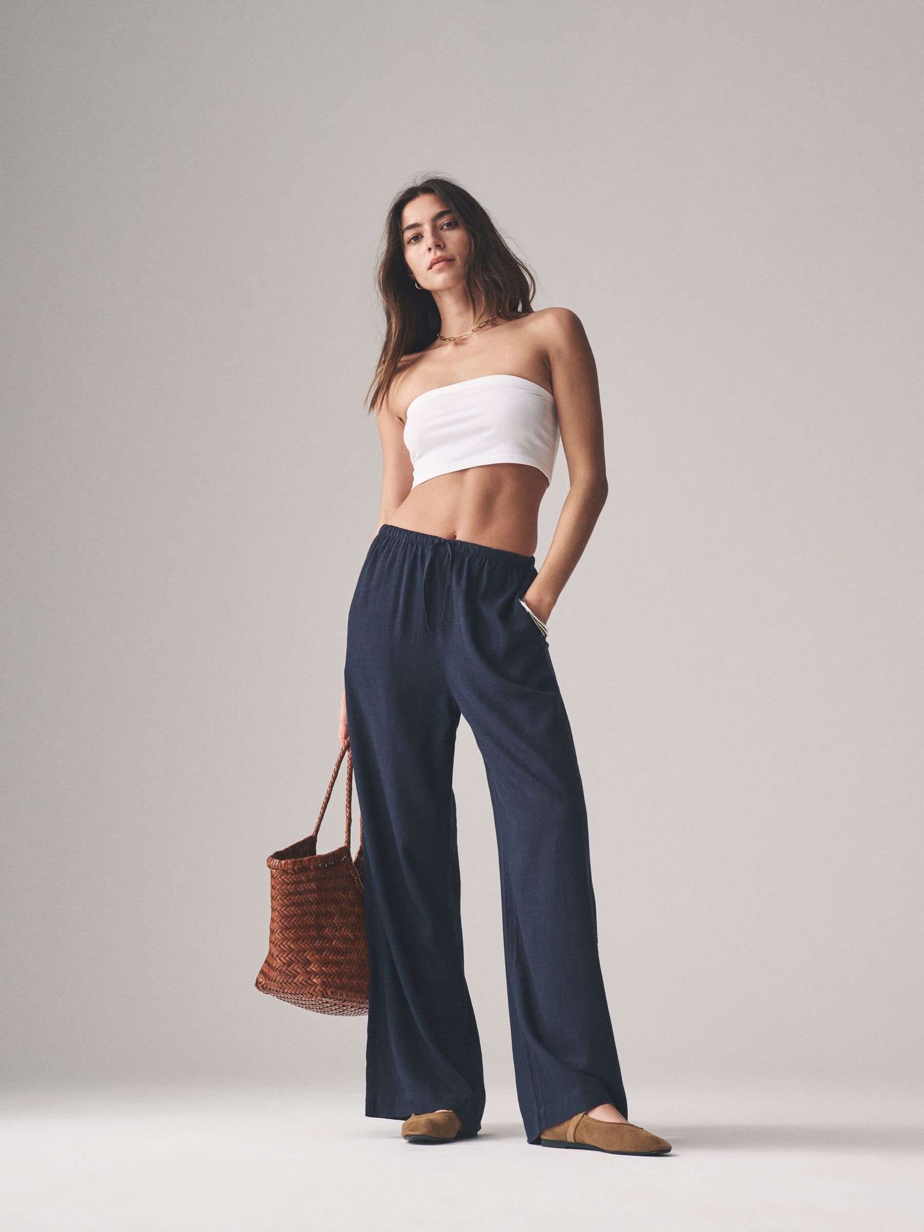 Navy/White/Pink Stripe Pull On Wide Leg Trousers 3 Pack With Linen - Image 1 of 12