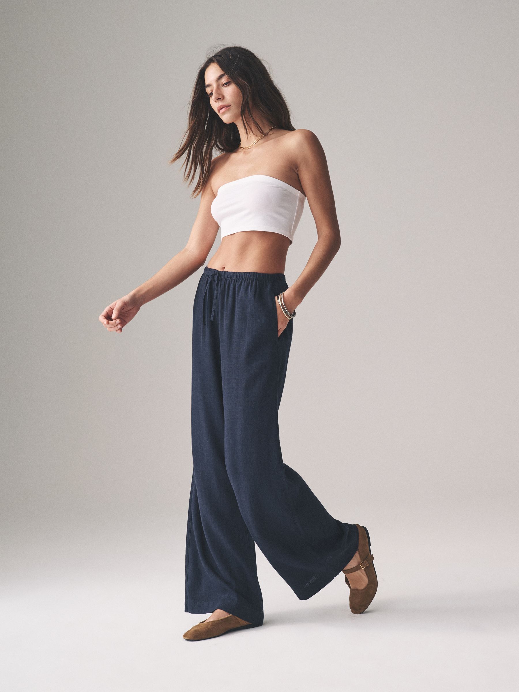 Navy/White/Pink Stripe Pull On Wide Leg Trousers 3 Pack With Linen - Image 3 of 12