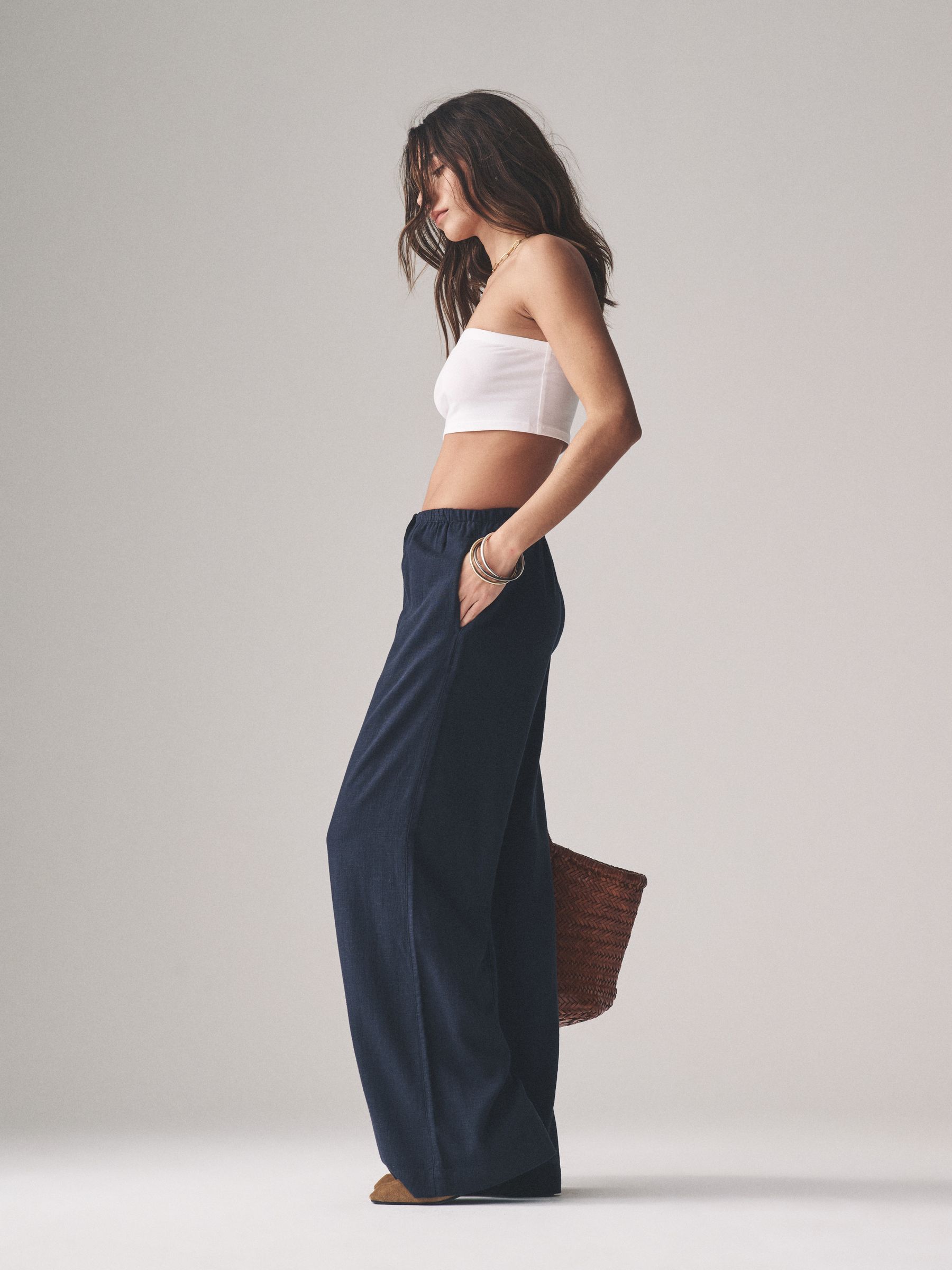 Navy/White/Pink Stripe Pull On Wide Leg Trousers 3 Pack With Linen - Image 4 of 12