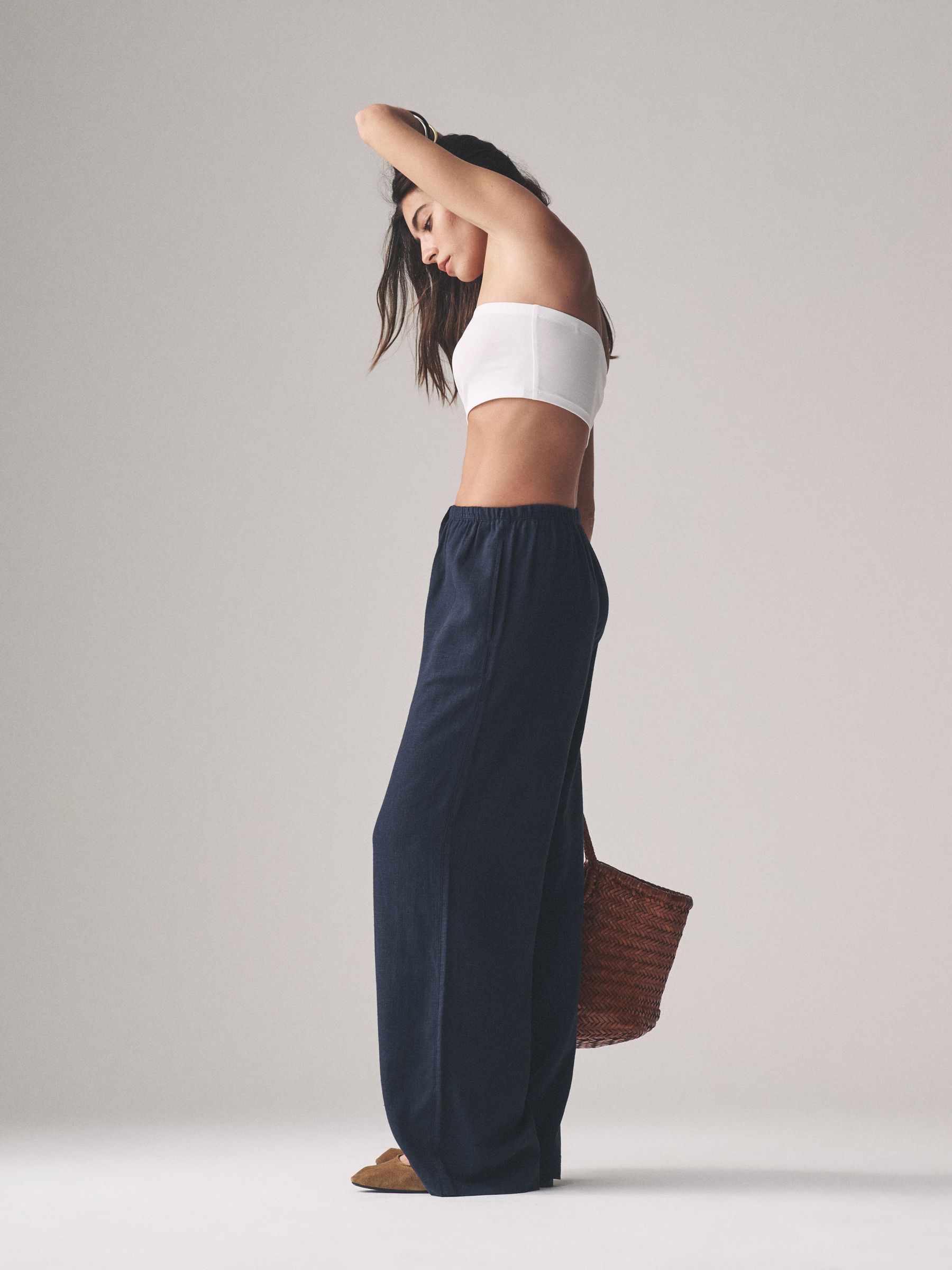 Navy/White/Pink Stripe Pull On Wide Leg Trousers 3 Pack With Linen - Image 5 of 12