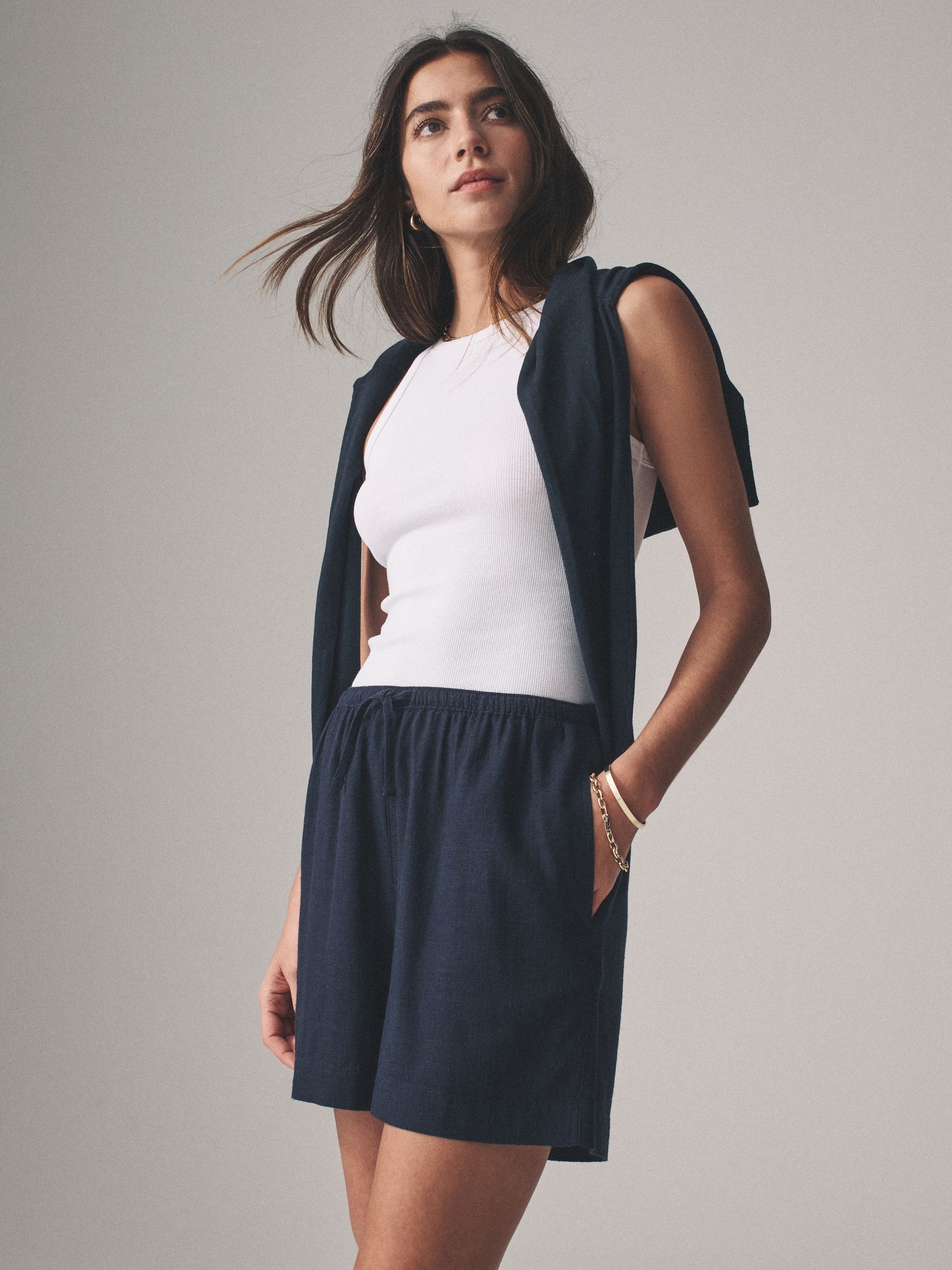 Navy/White/Pink Stripe 3 Pack Pull On Shorts with Linen - Image 1 of 10