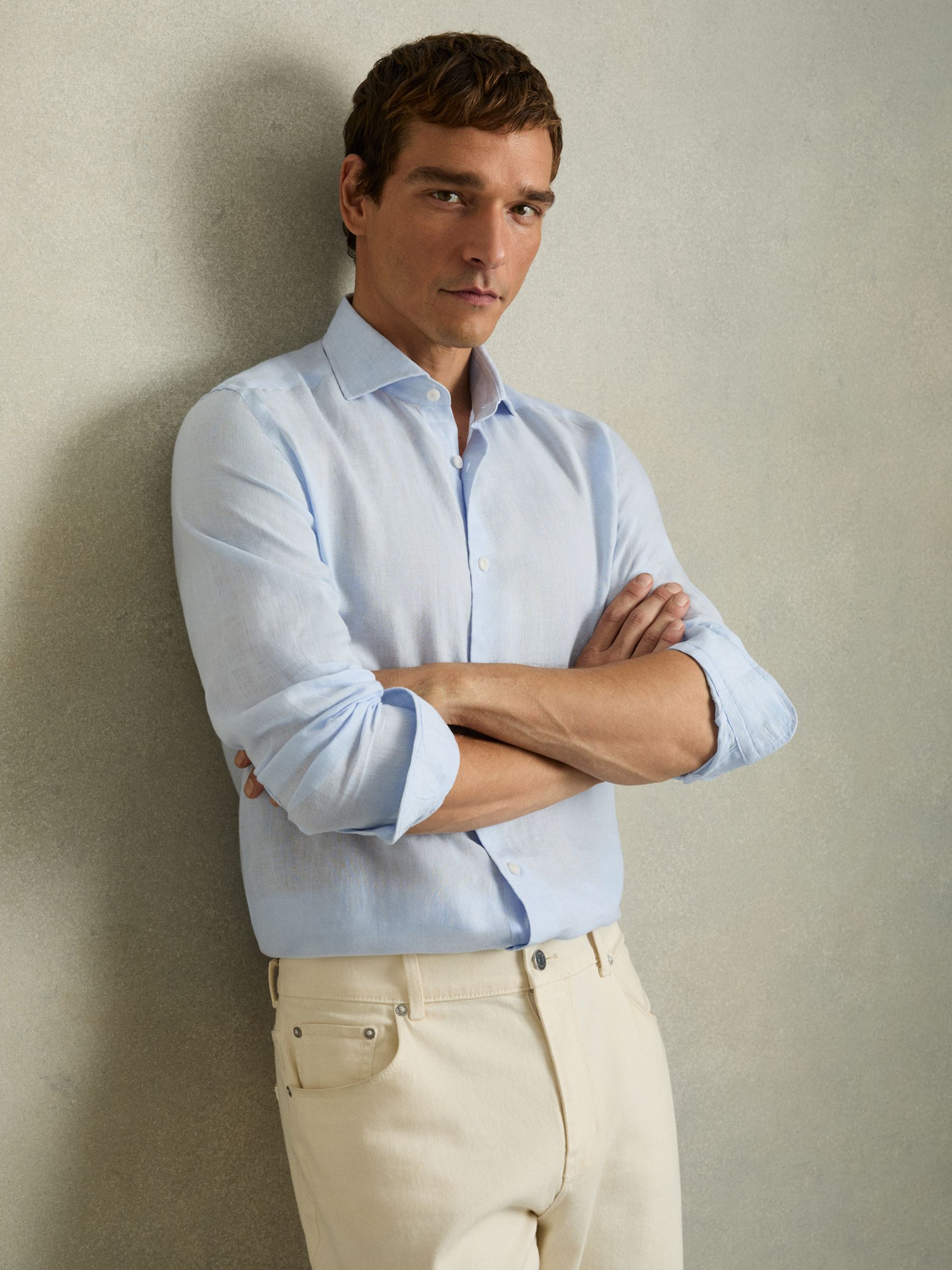 Linen Button-Through Shirt in Pale Blue - Image 3 of 5